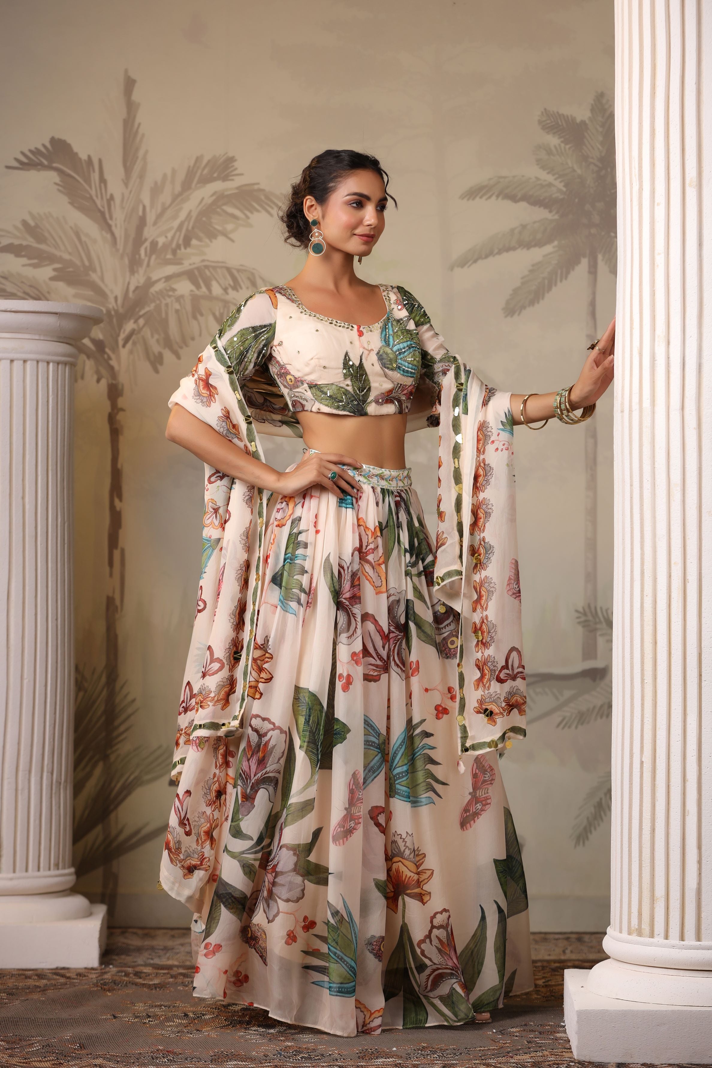 Pale Champagne Floral Printed Tissue Organza Silk Lehenga Set