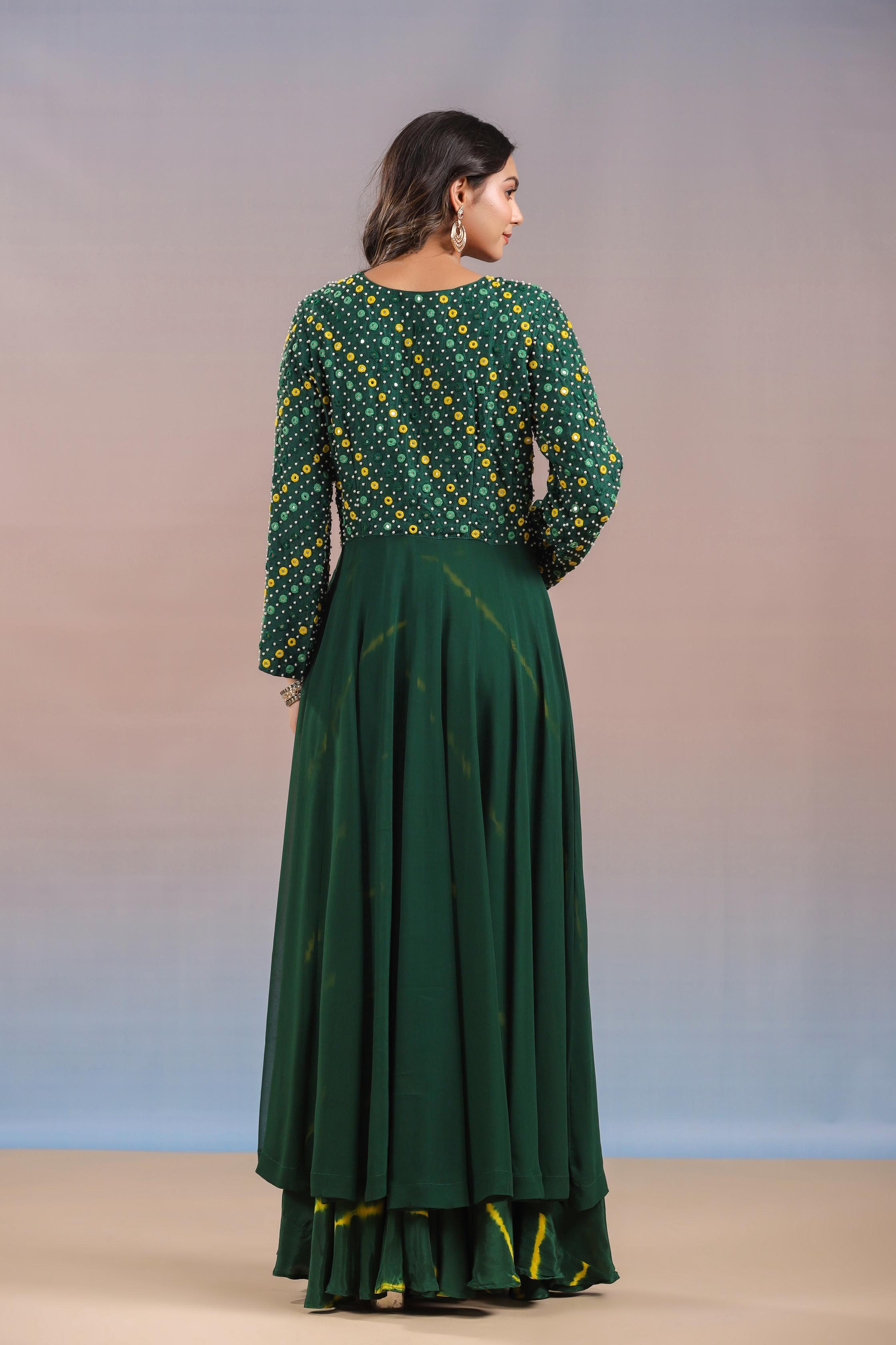Green Embroidered Crystal Georgette Silk Anarkali Set