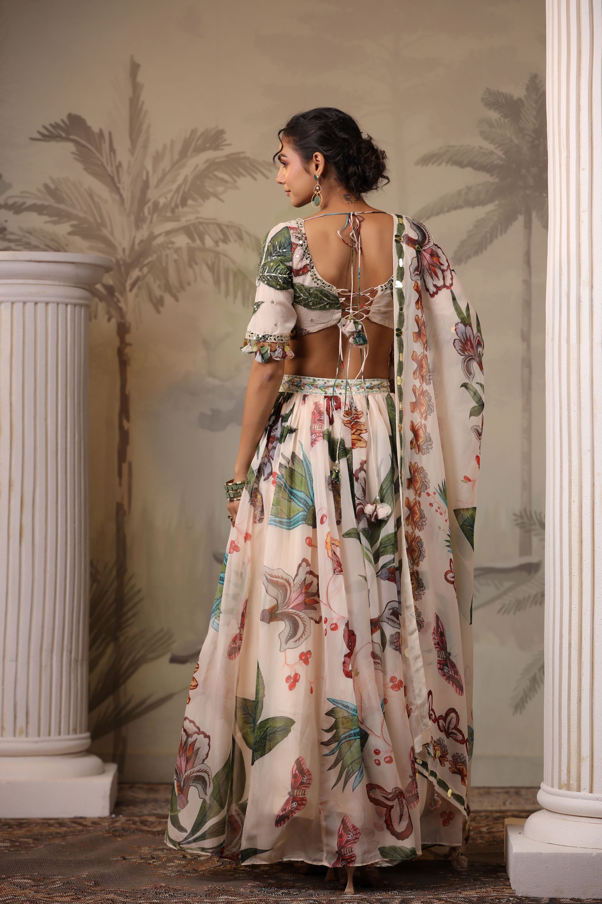 Pale Champagne Floral Printed Tissue Organza Silk Lehenga Set