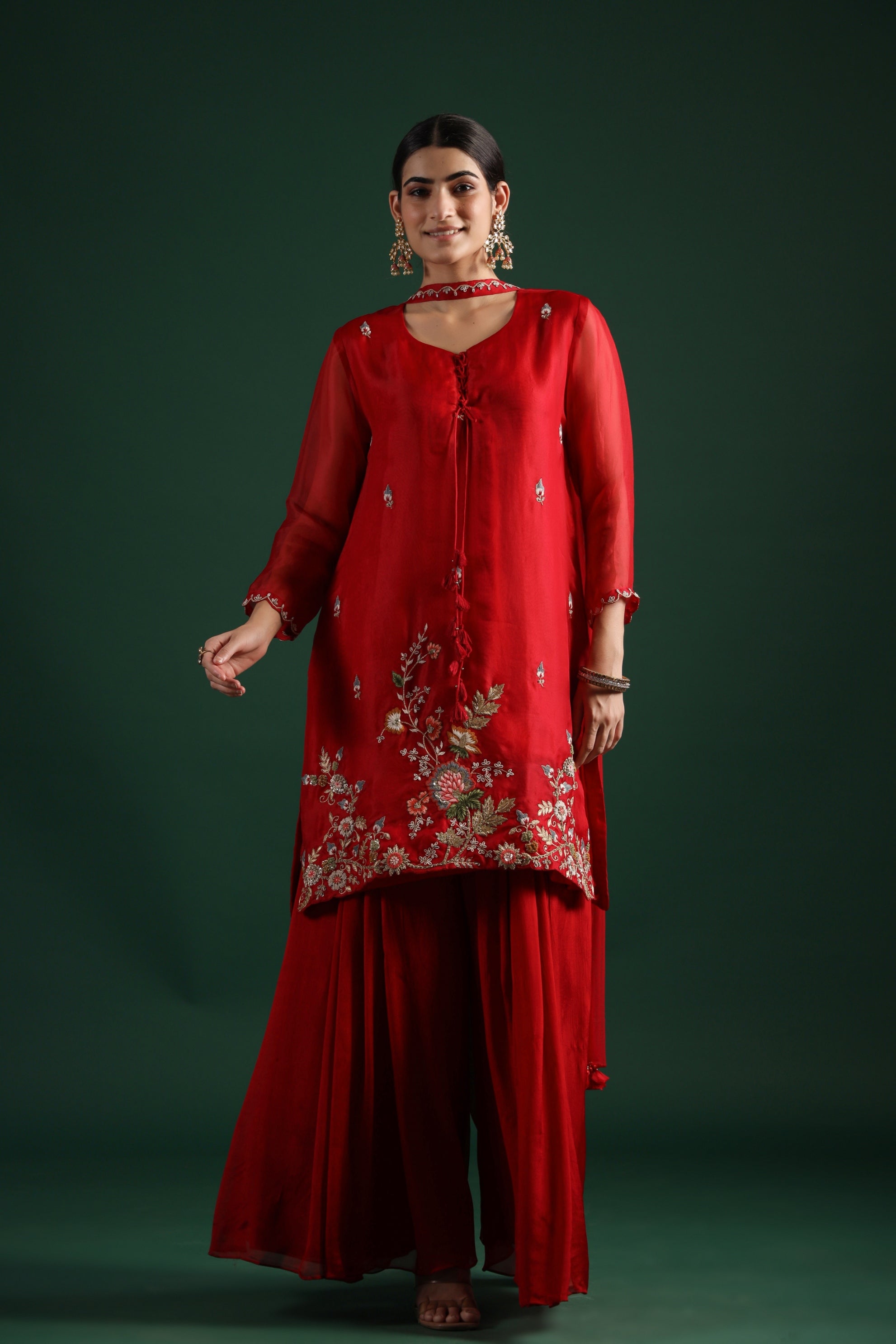 Deep Red Embellished Premium Silk Sharara Set