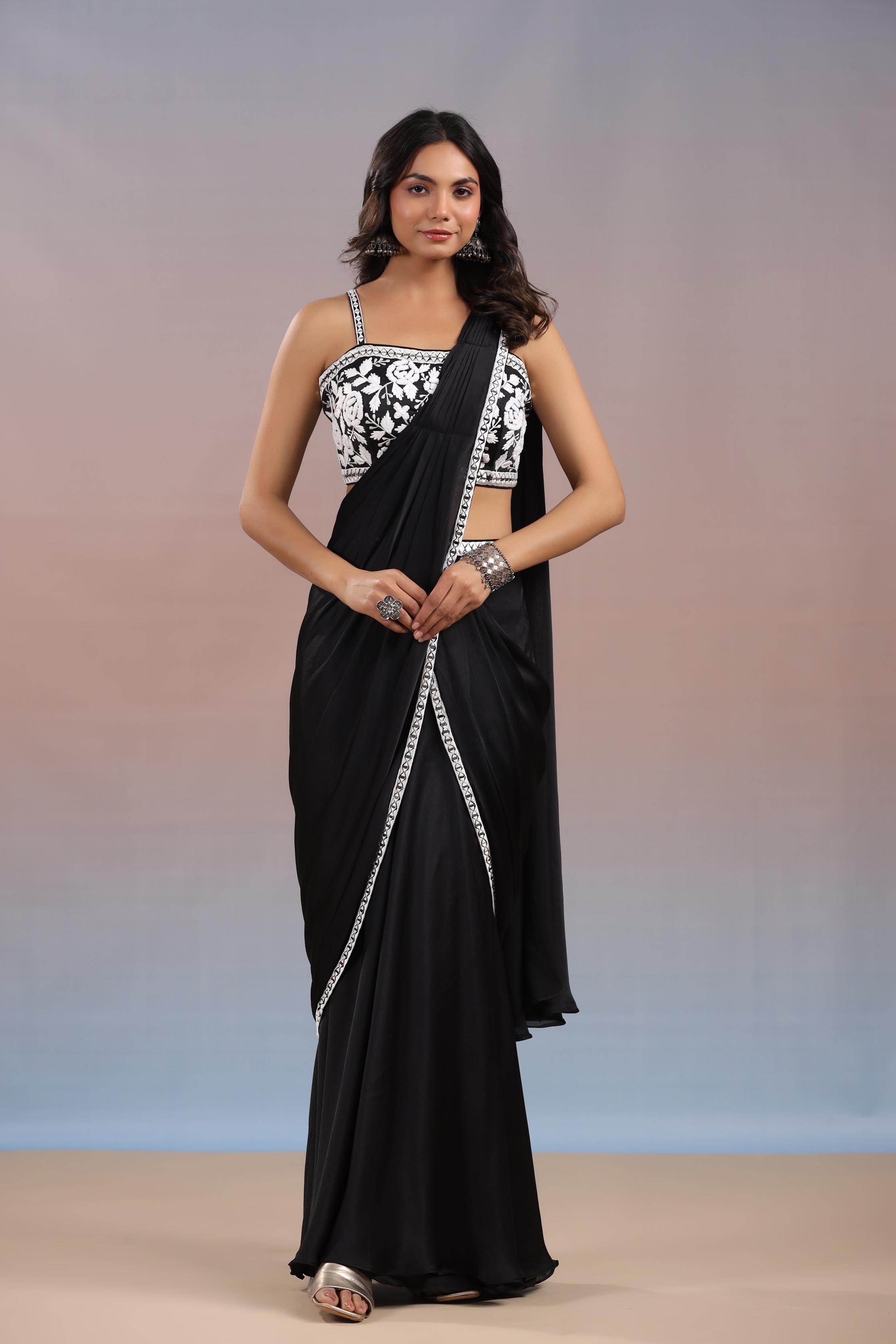 Black Floral Embroidered Premium Chinon Silk Draped Saree