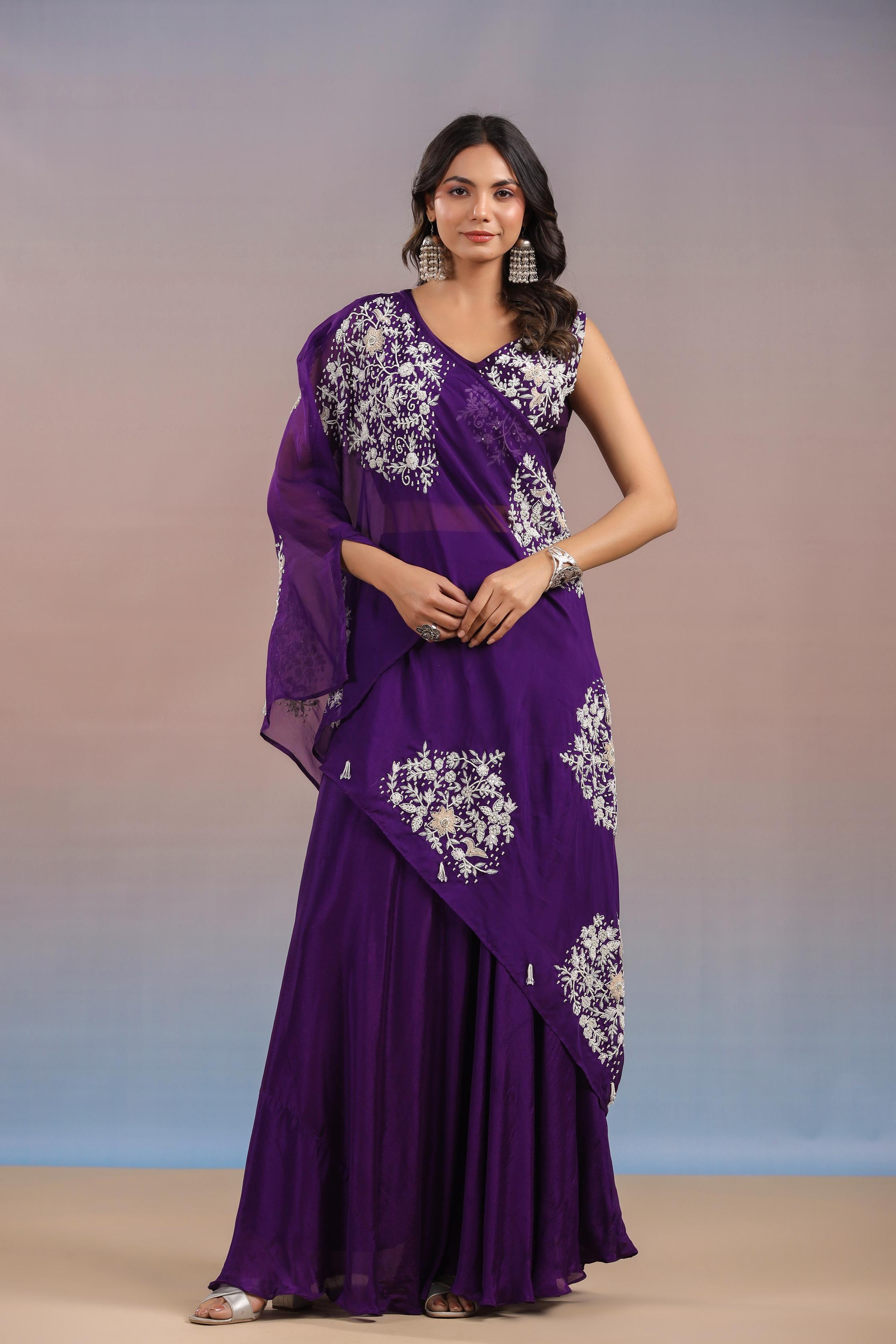 Purple Embellished Premium Organza Silk Skirt With Drape Set