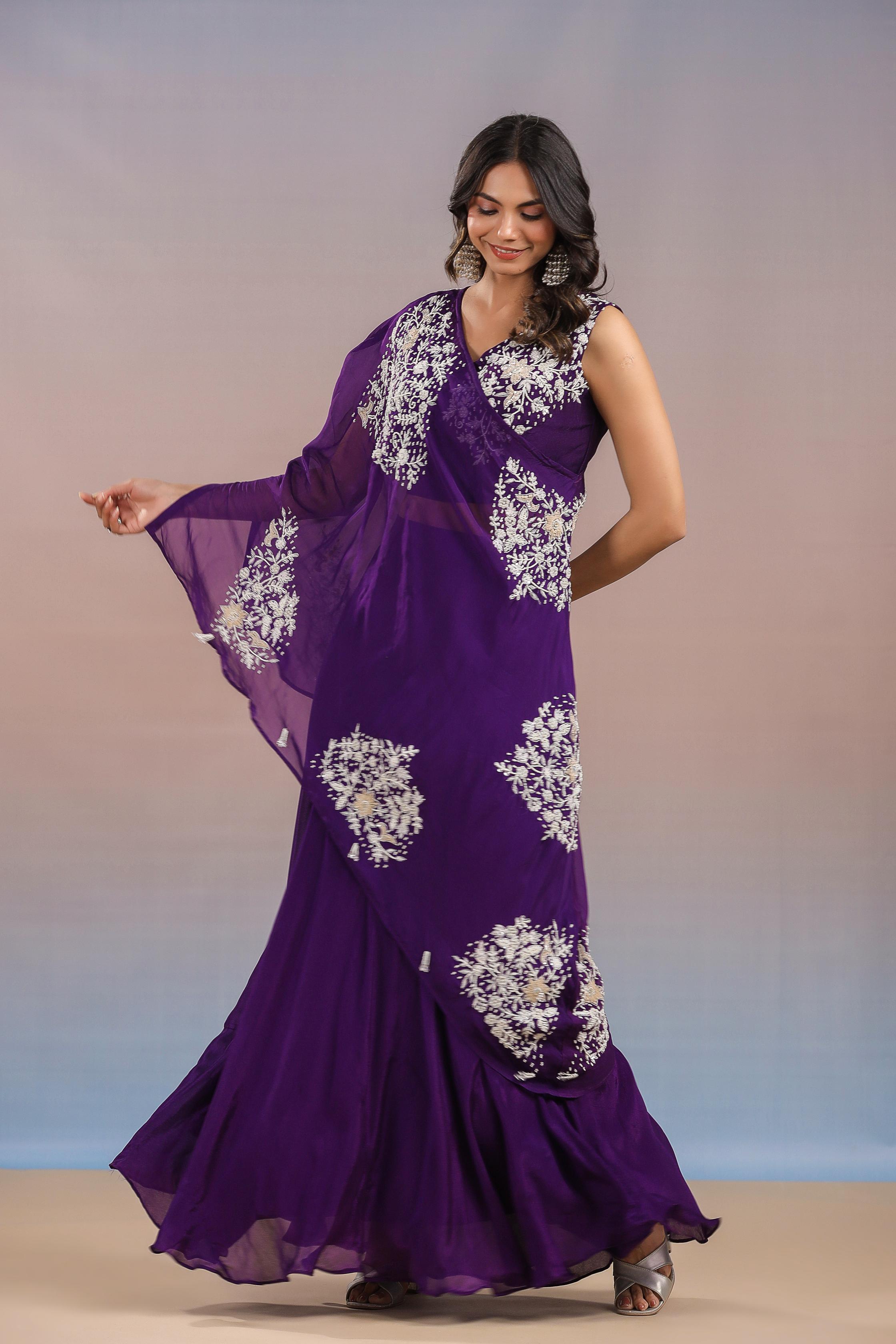 Purple Embellished Premium Organza Silk Skirt With Drape Set