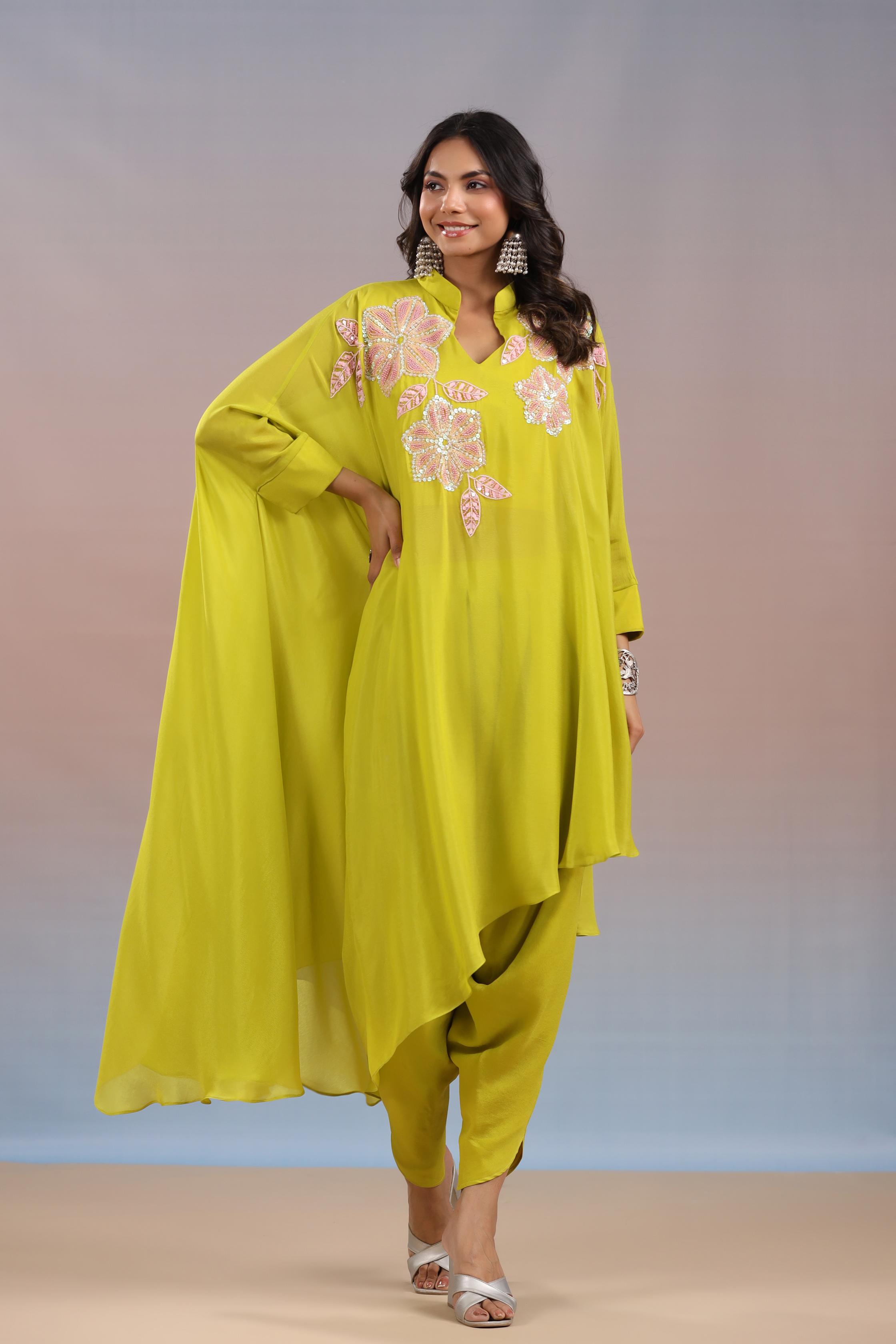 Neon Yellow Embellished Tunic & Dhoti Pants Set