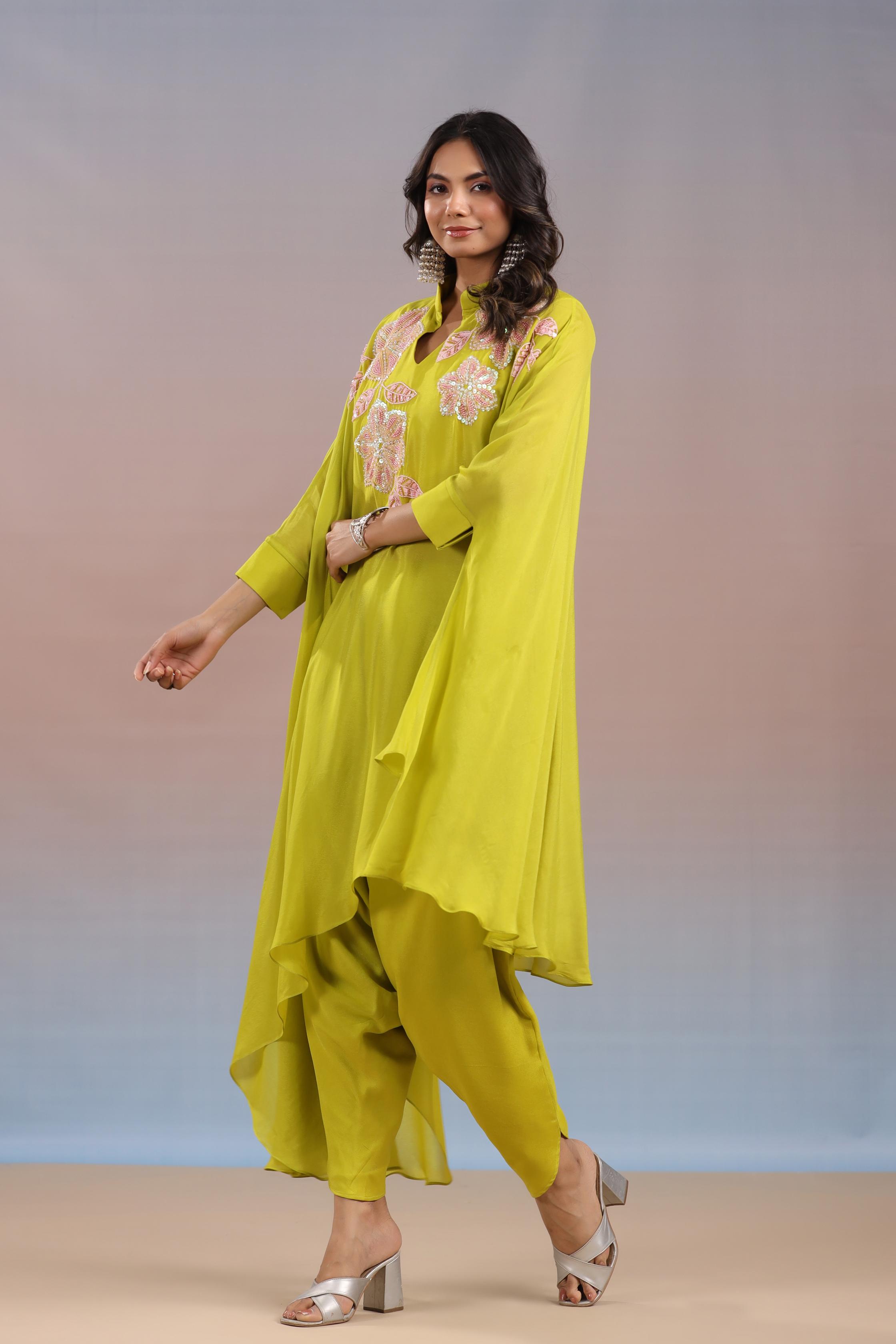 Neon Yellow Embellished Tunic & Dhoti Pants Set