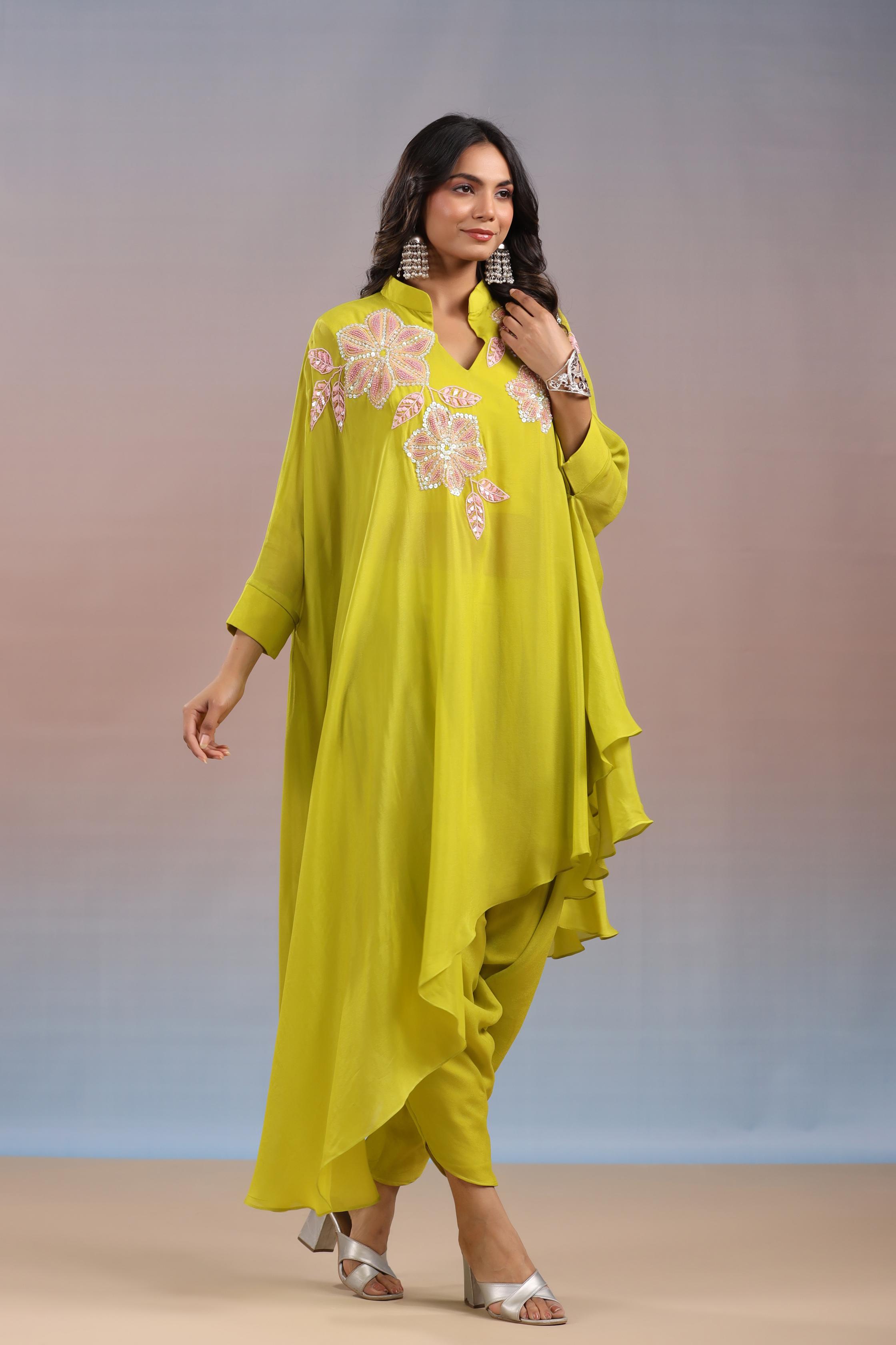 Neon Yellow Embellished Tunic & Dhoti Pants Set