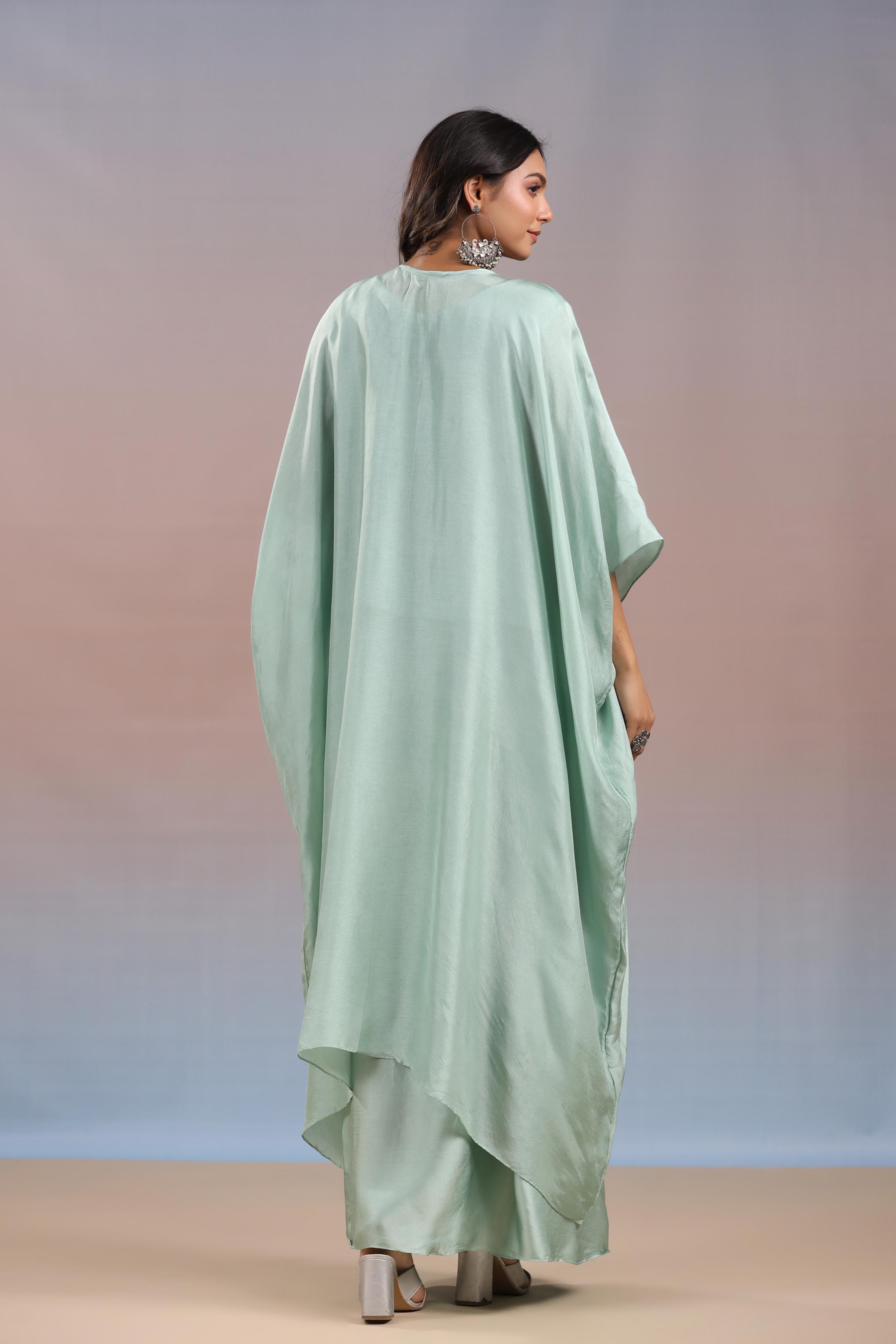 Light Turquoise Embroidered Habutai Silk Skirt Set