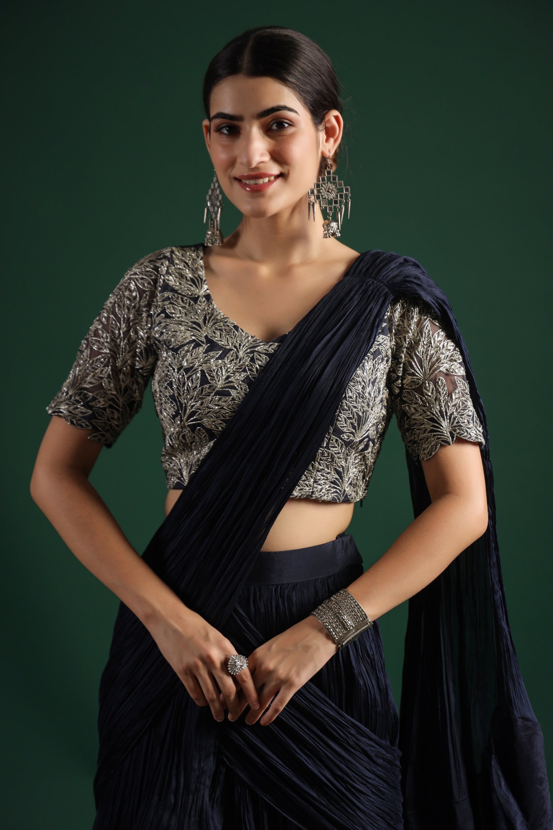 Deep Blue Silver Embroidered Draped Saree
