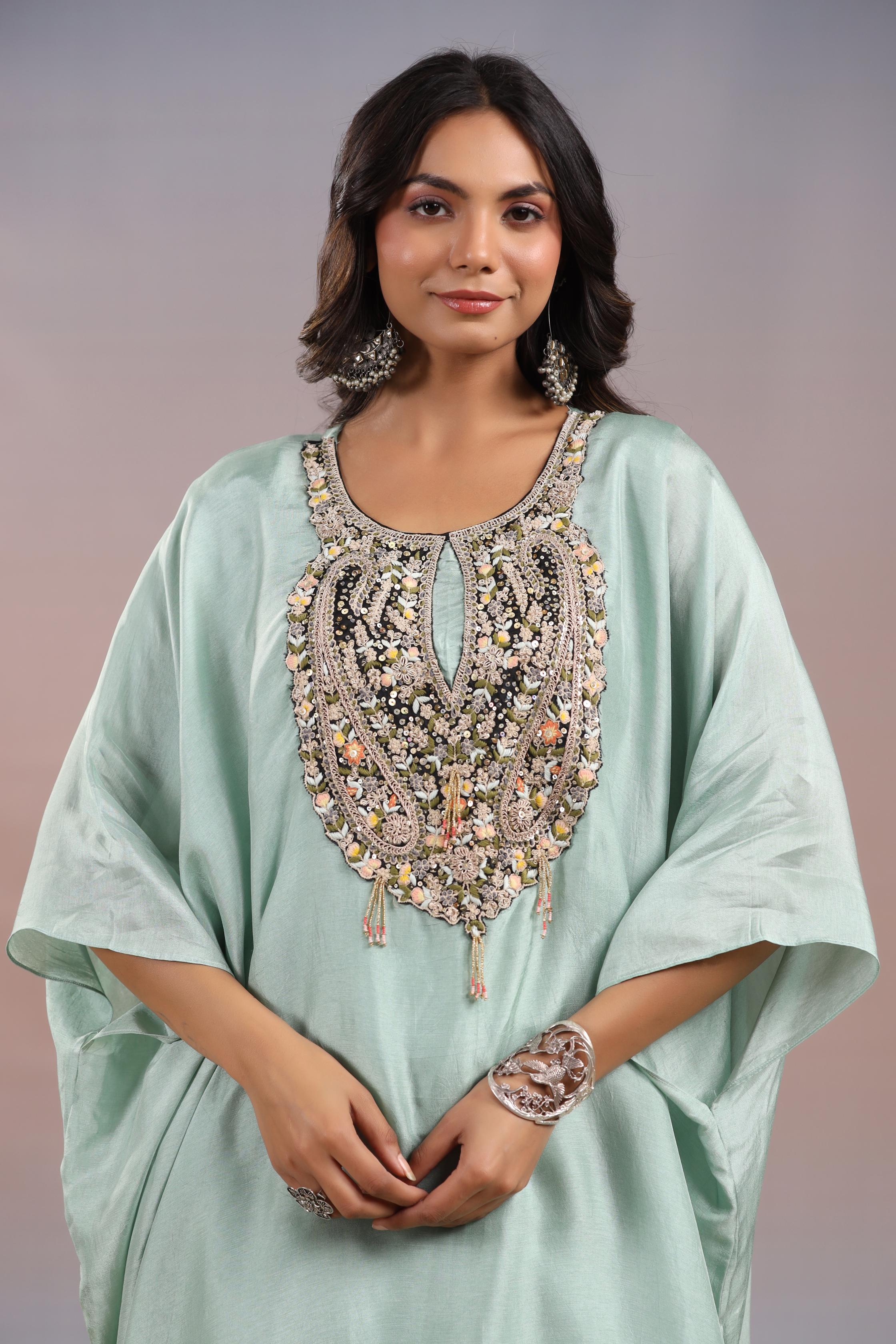 Light Turquoise Embroidered Habutai Silk Skirt Set