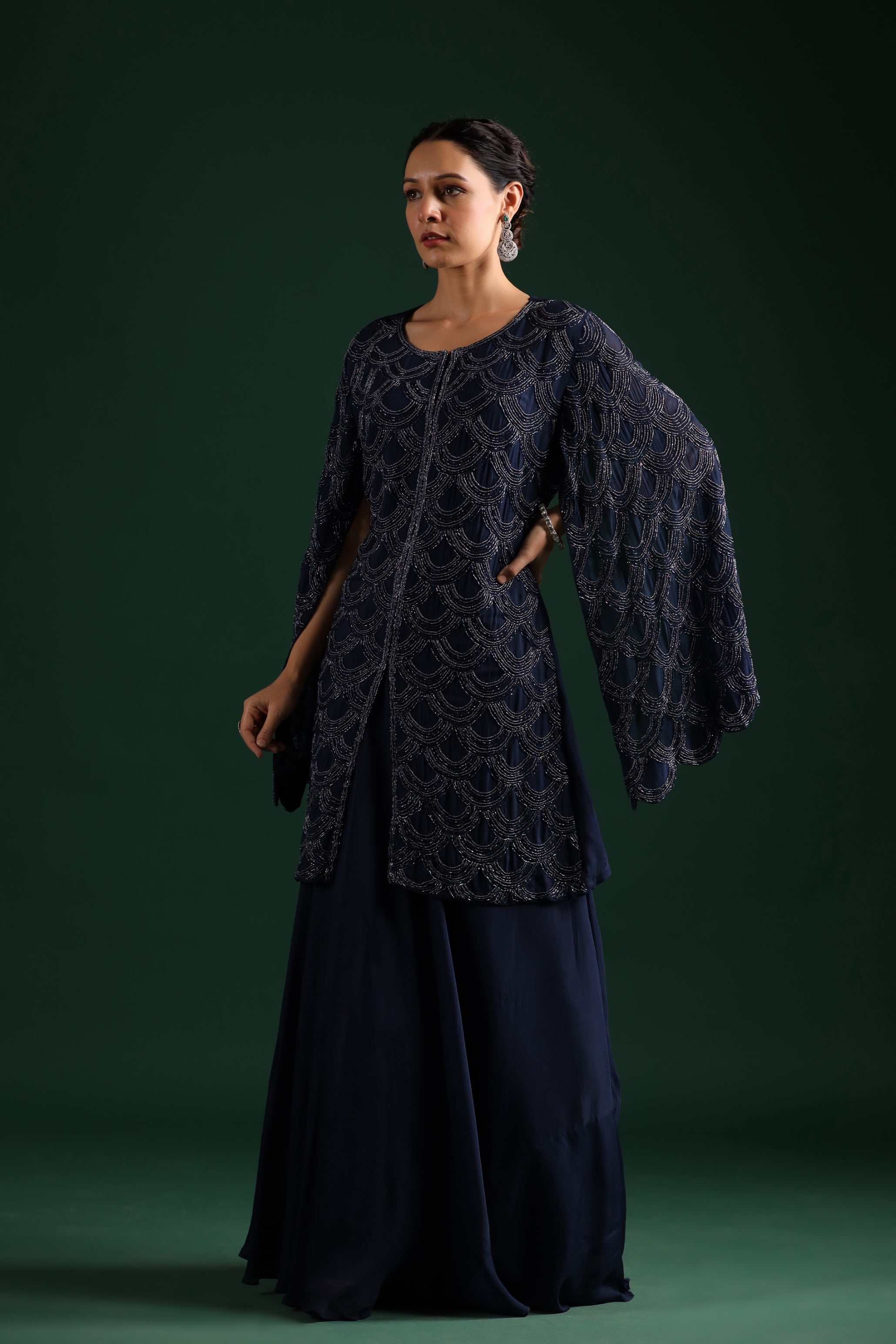 Deep Blue Embroidered Premium Silk Skirt Set
