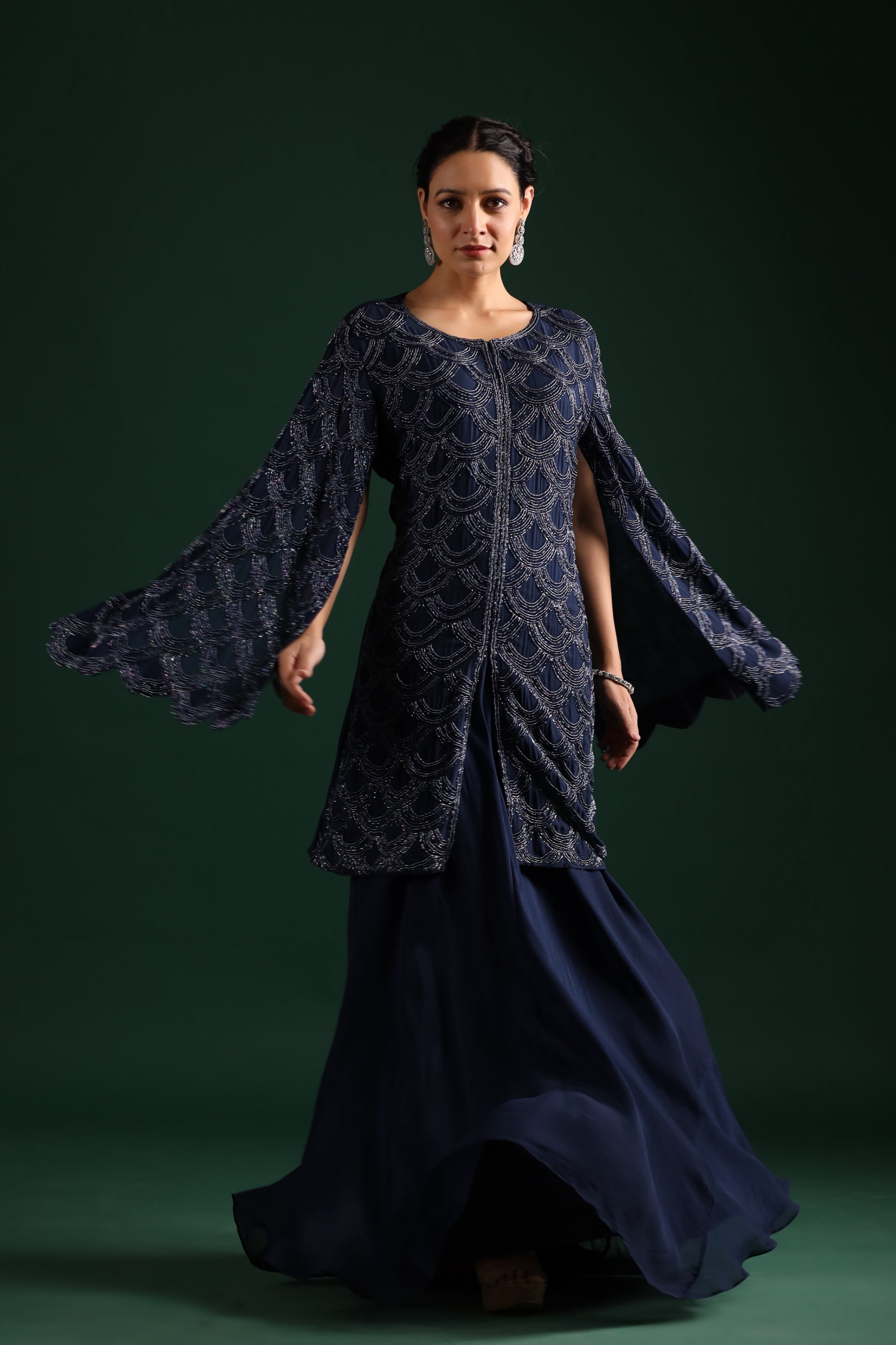 Deep Blue Embroidered Premium Silk Skirt Set