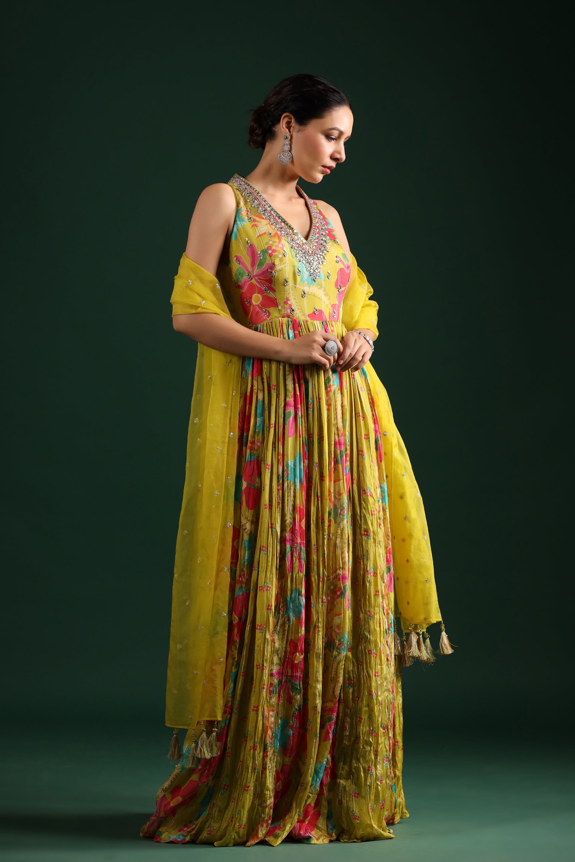 Corn Yellow Floral Printed Chinon Silk Anarkali Set