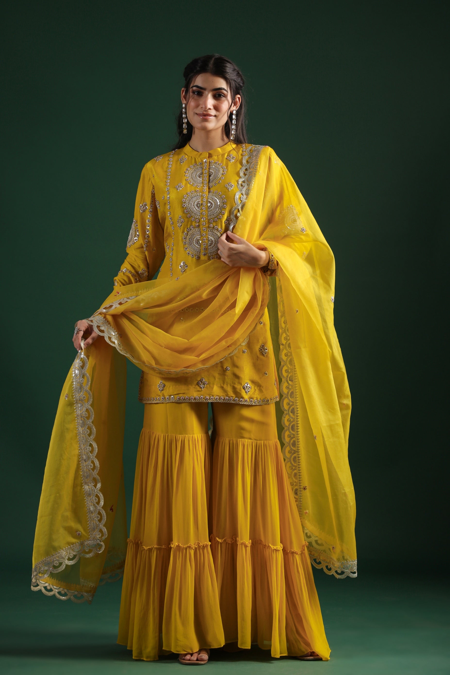 Bright Yellow Embellished Raw Silk Sharara Set