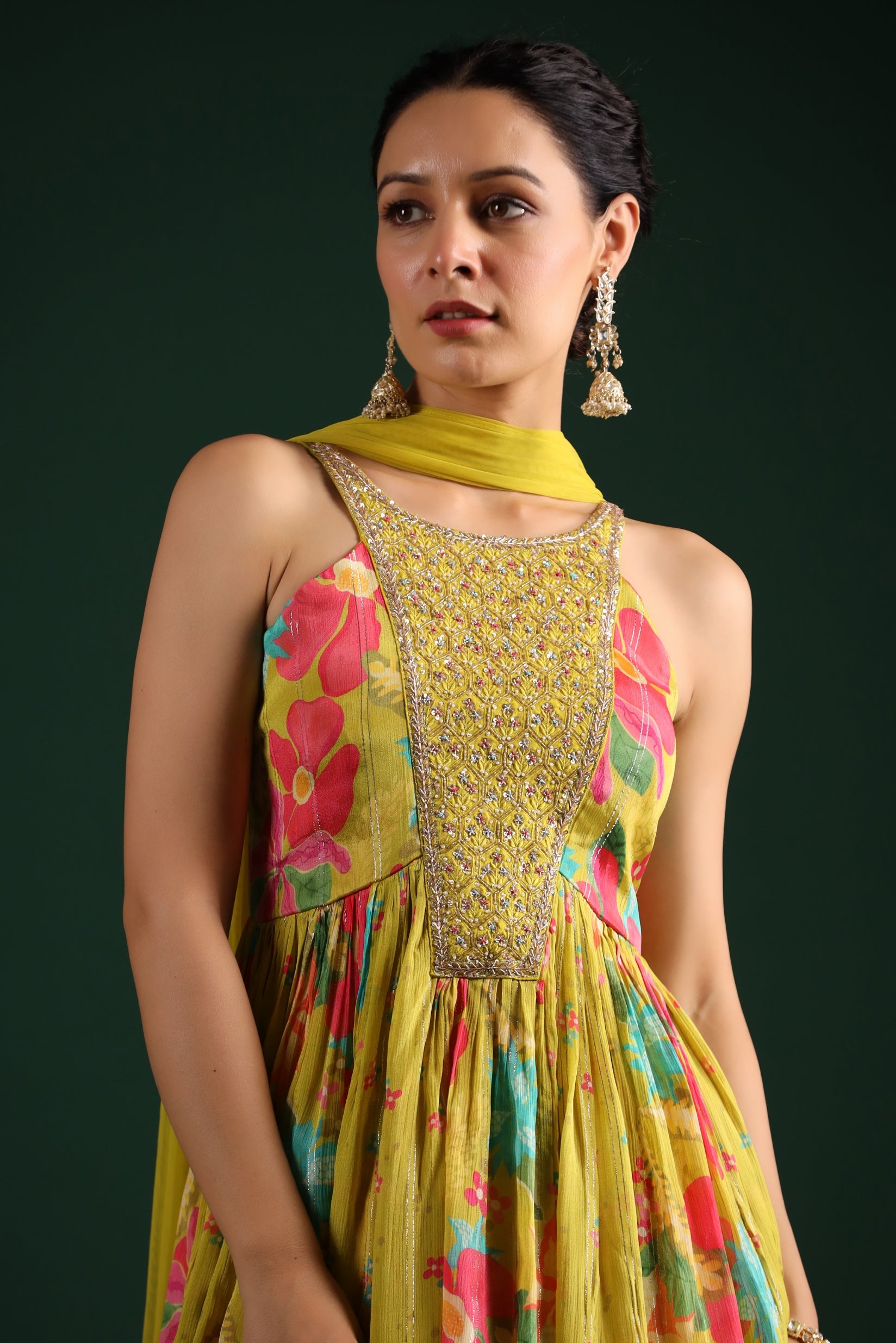 Corn Yellow Floral Printed Embellished Sharara Set
