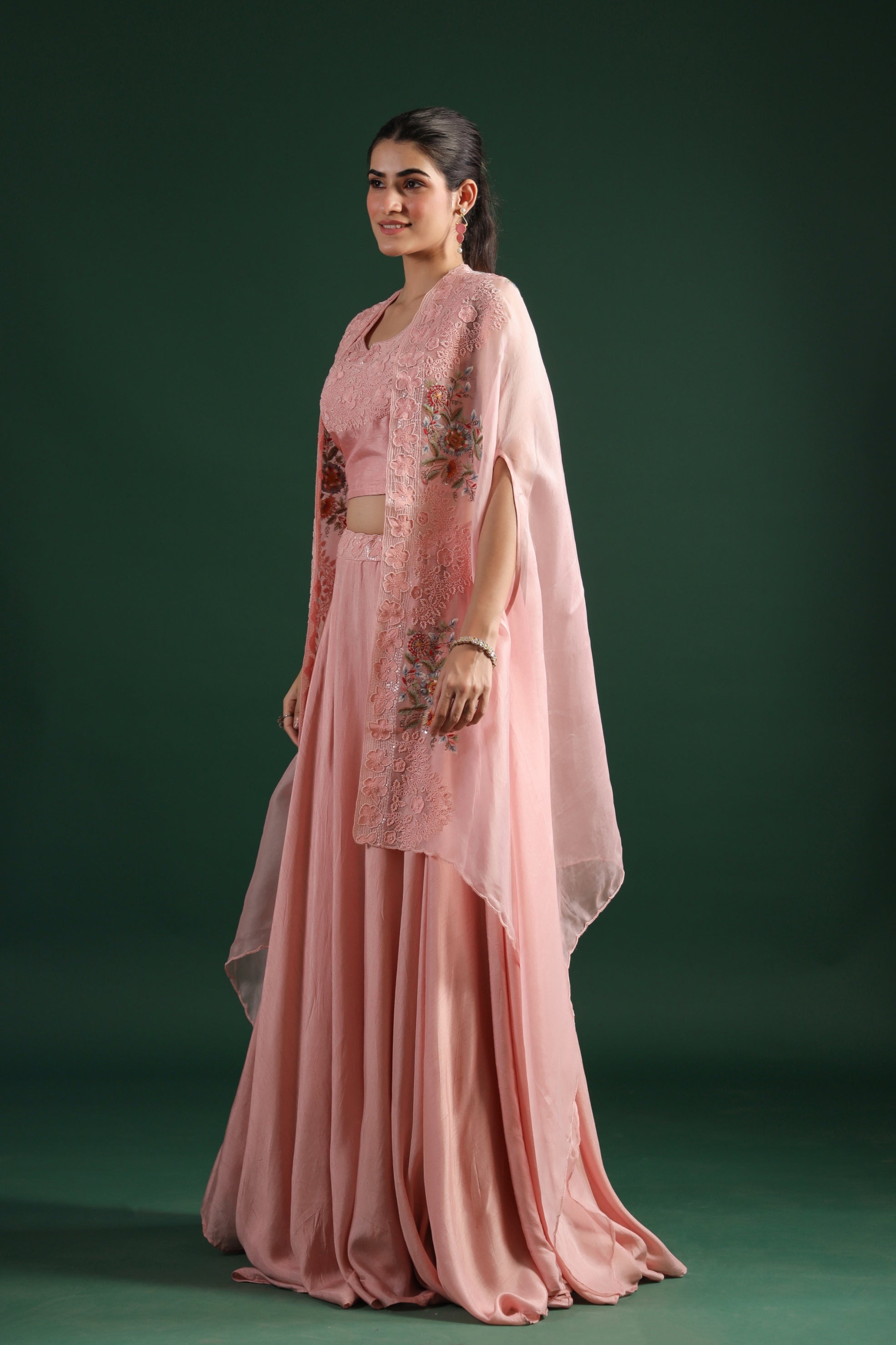 Salmon Pink Embellished Premium Silk Skirt Set