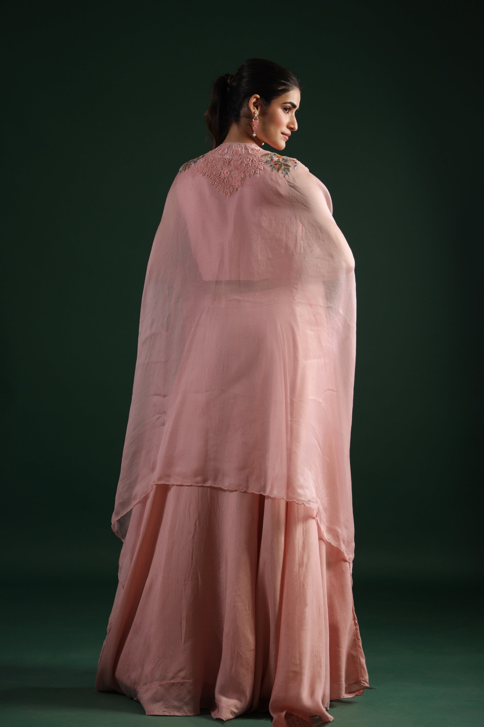 Salmon Pink Embellished Premium Silk Skirt Set