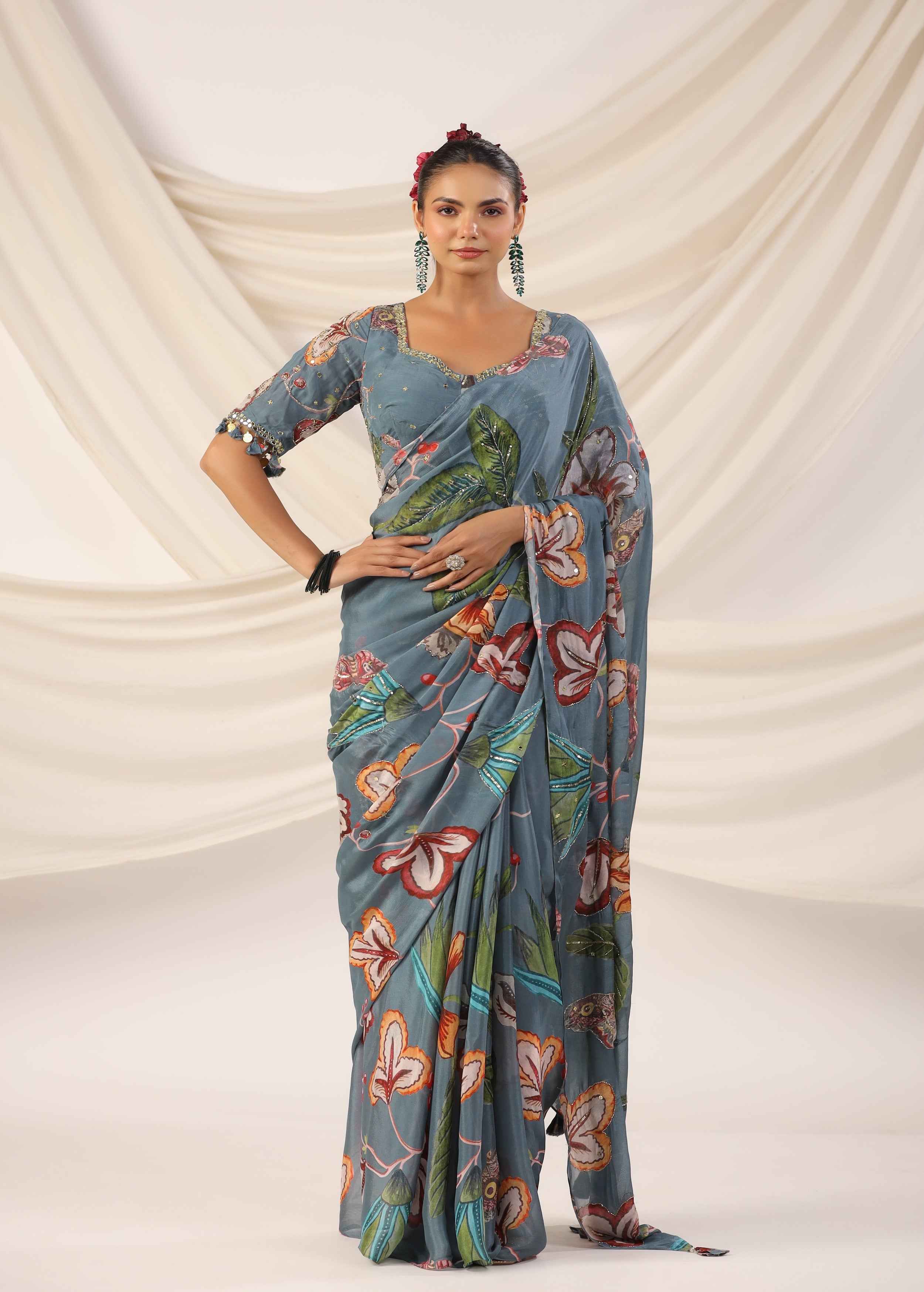 Slate Blue Embellished Chinon Silk Saree