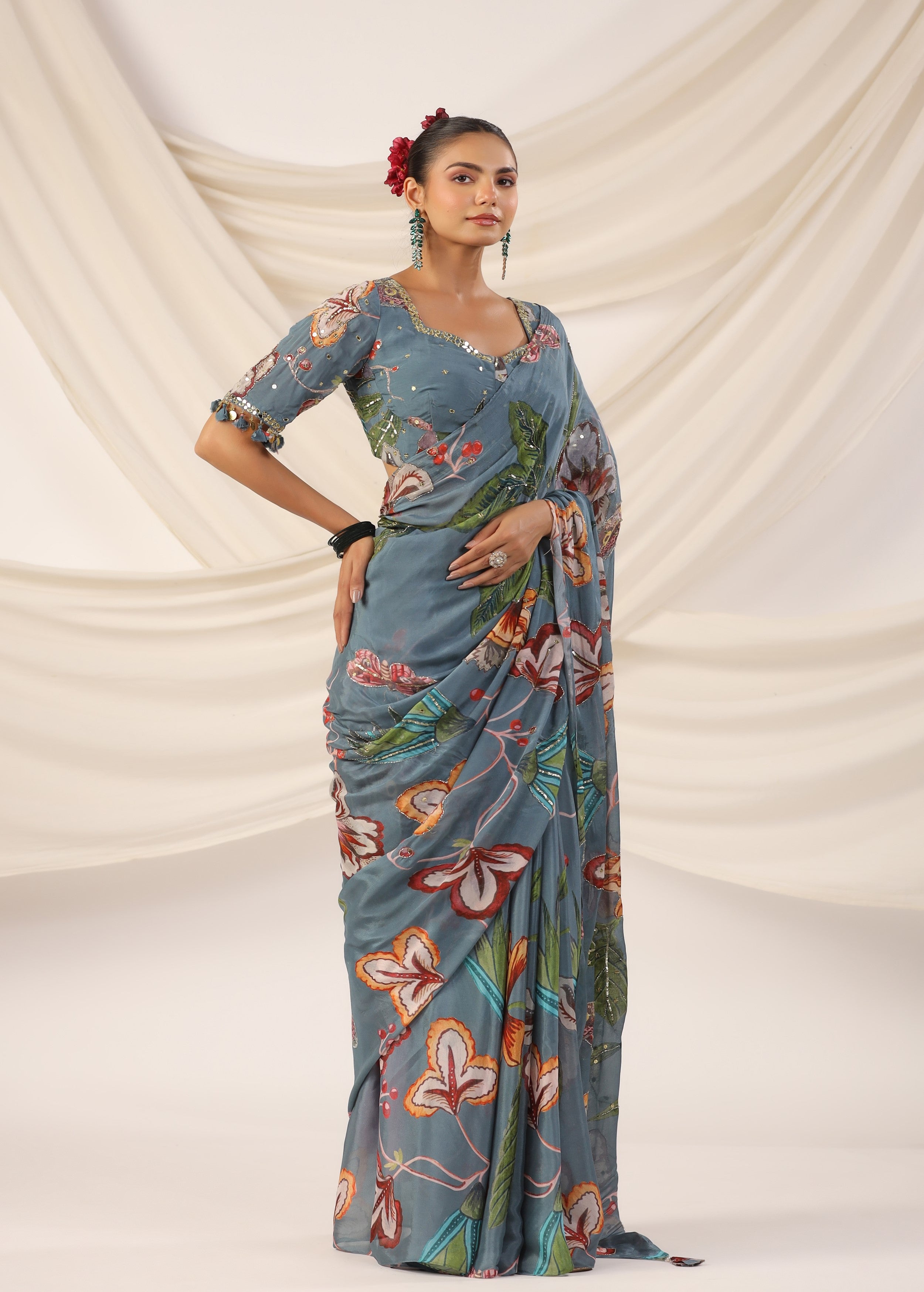 Slate Blue Embellished Chinon Silk Saree