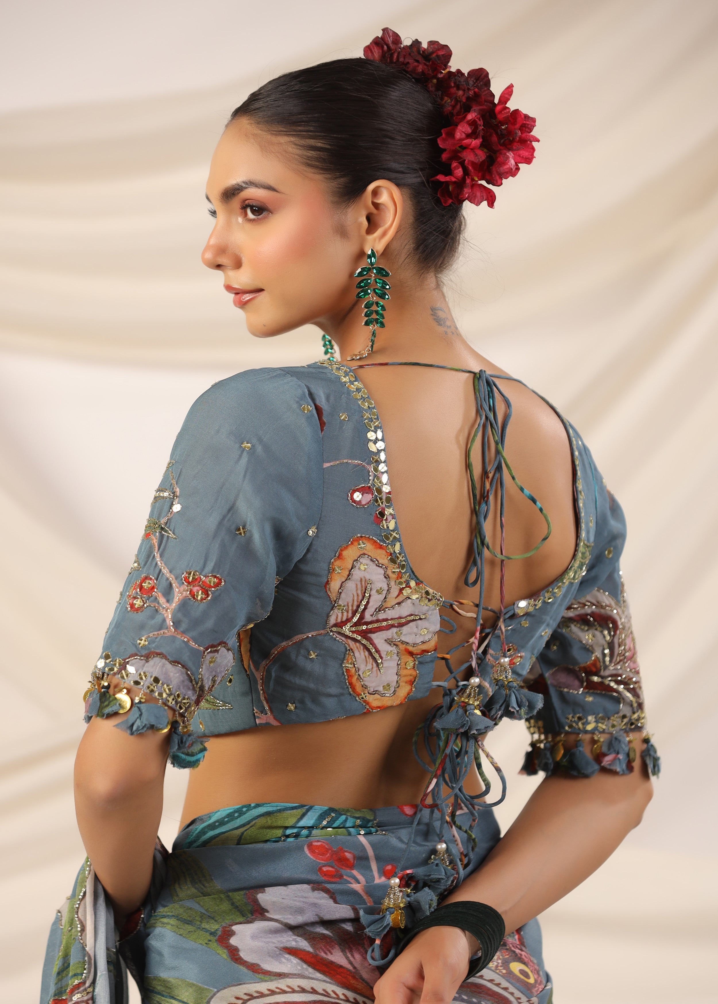 Slate Blue Embellished Chinon Silk Saree