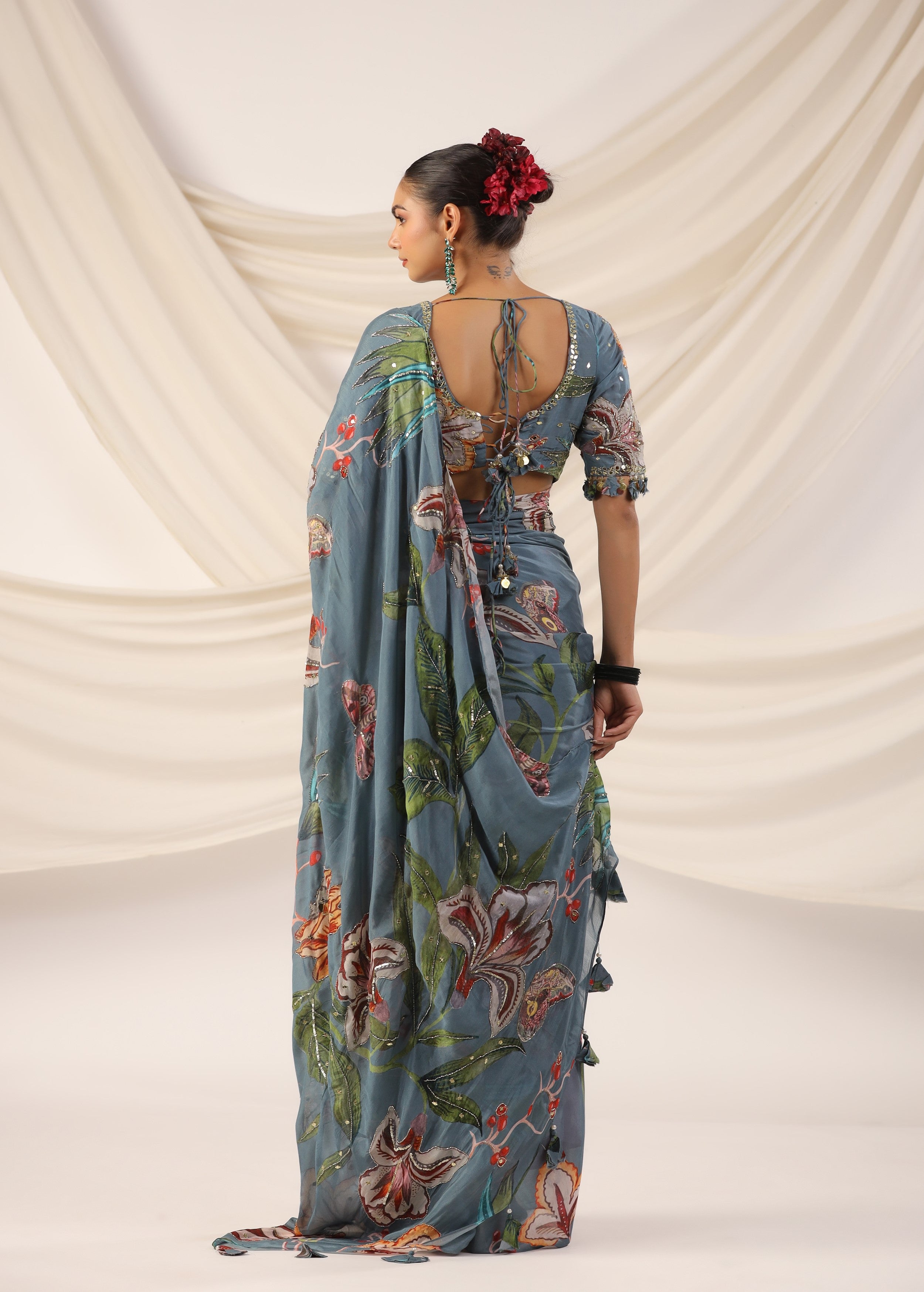 Slate Blue Embellished Chinon Silk Saree
