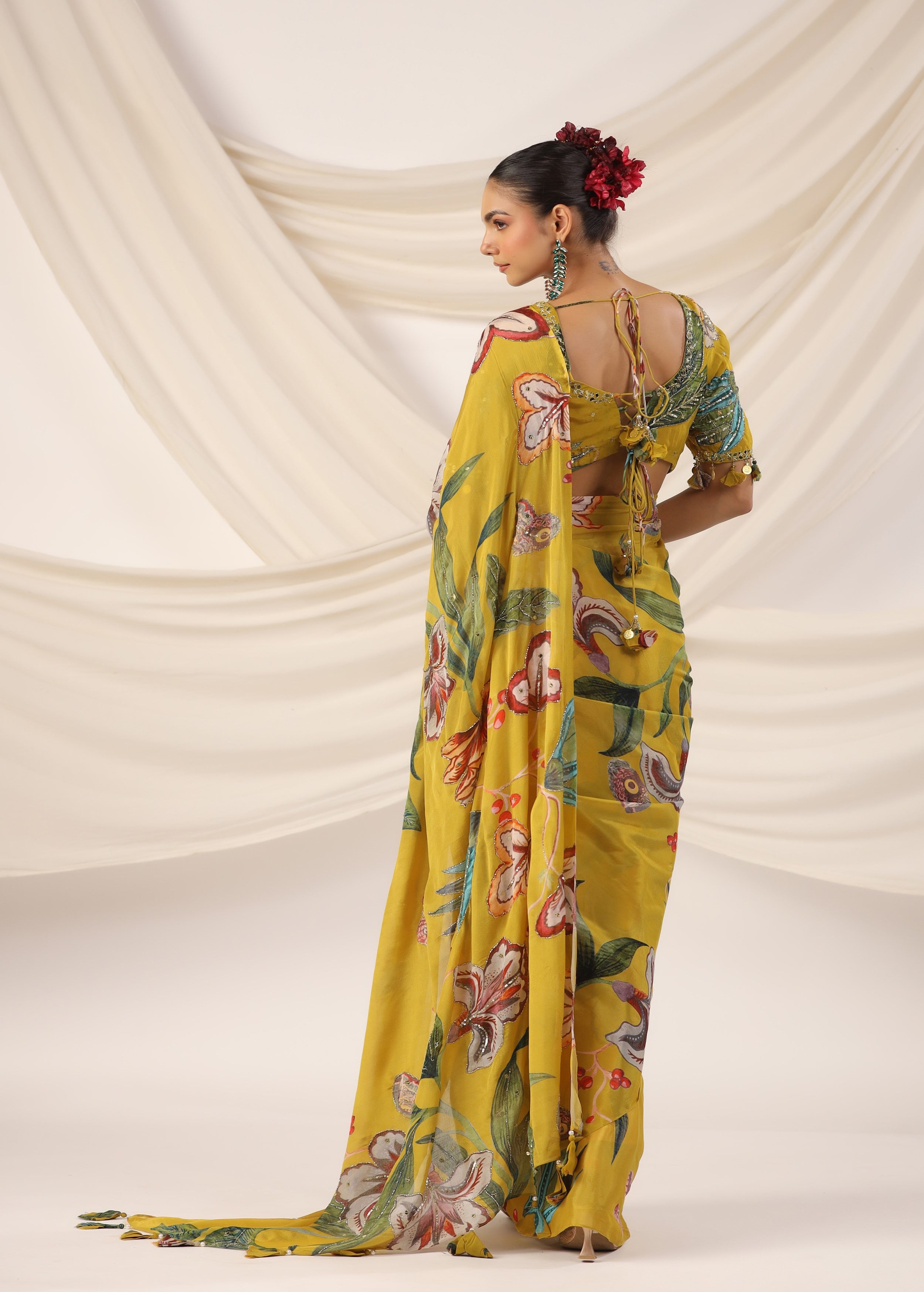 Corn Yellow Embellished Chinon Silk Saree