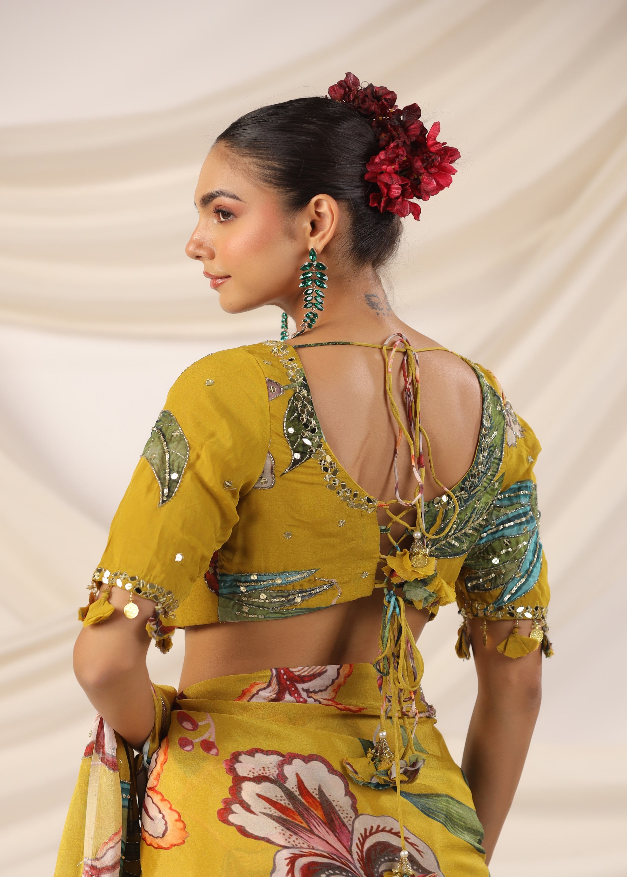 Corn Yellow Embellished Chinon Silk Saree