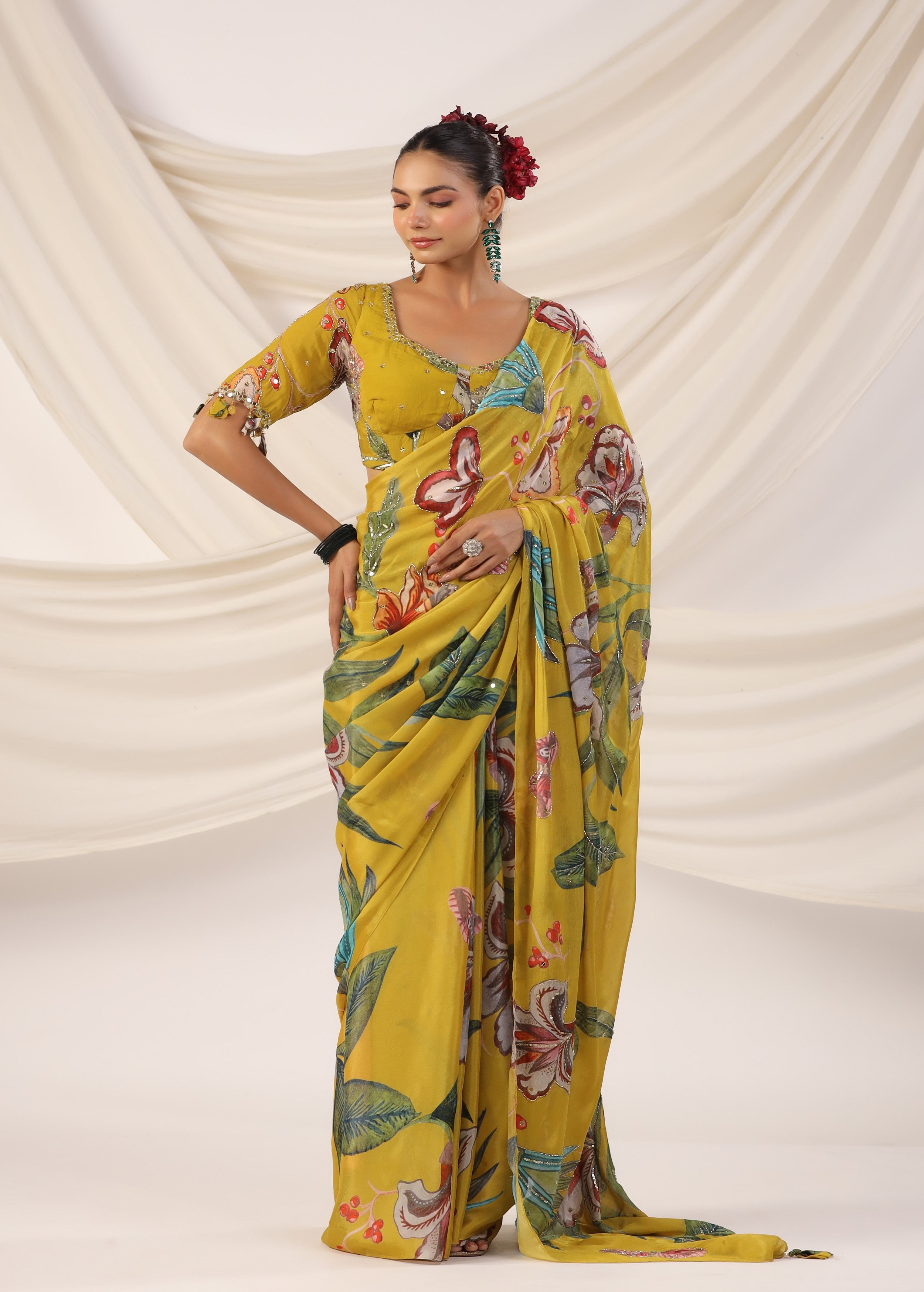 Corn Yellow Embellished Chinon Silk Saree