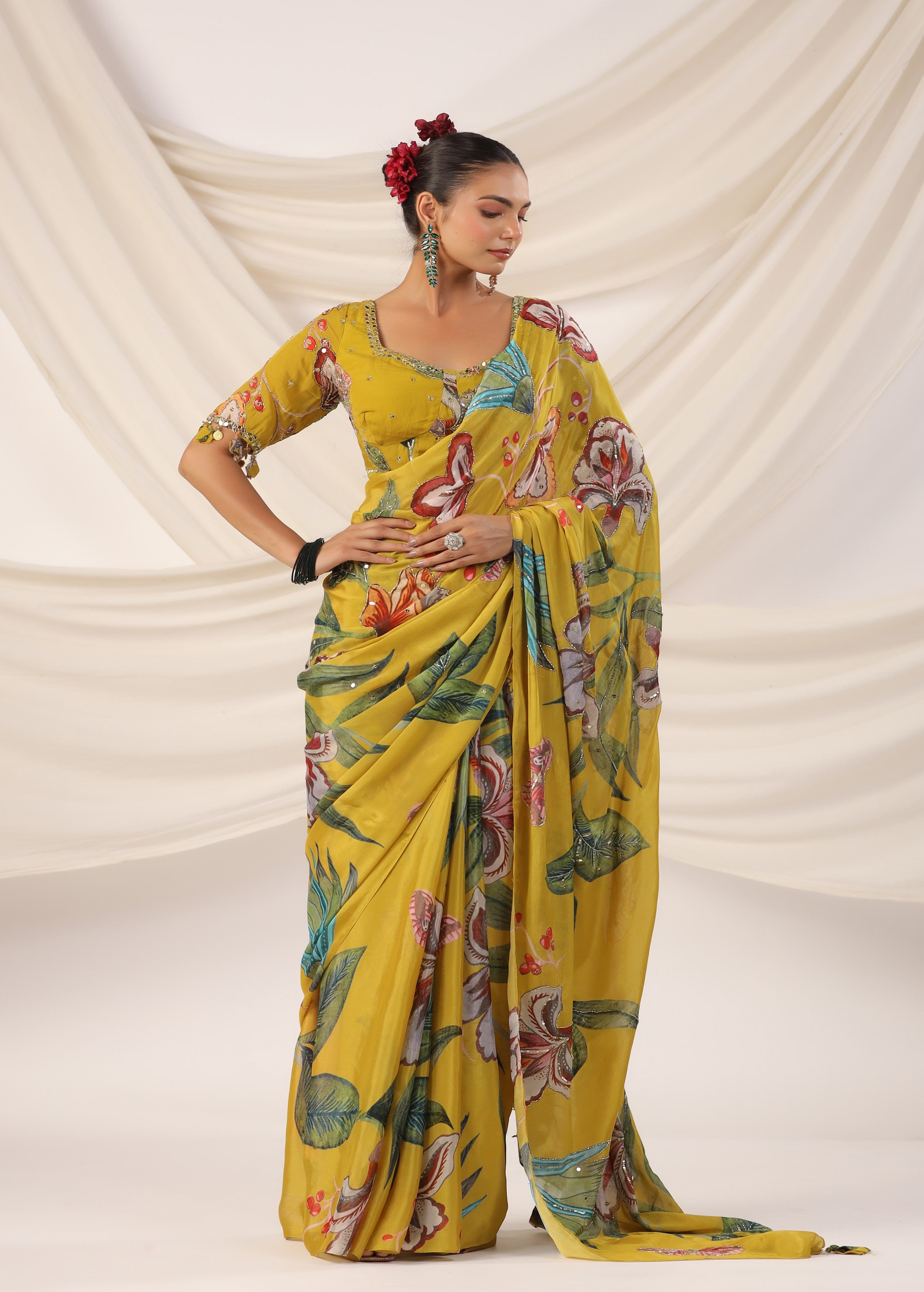 Corn Yellow Embellished Chinon Silk Saree