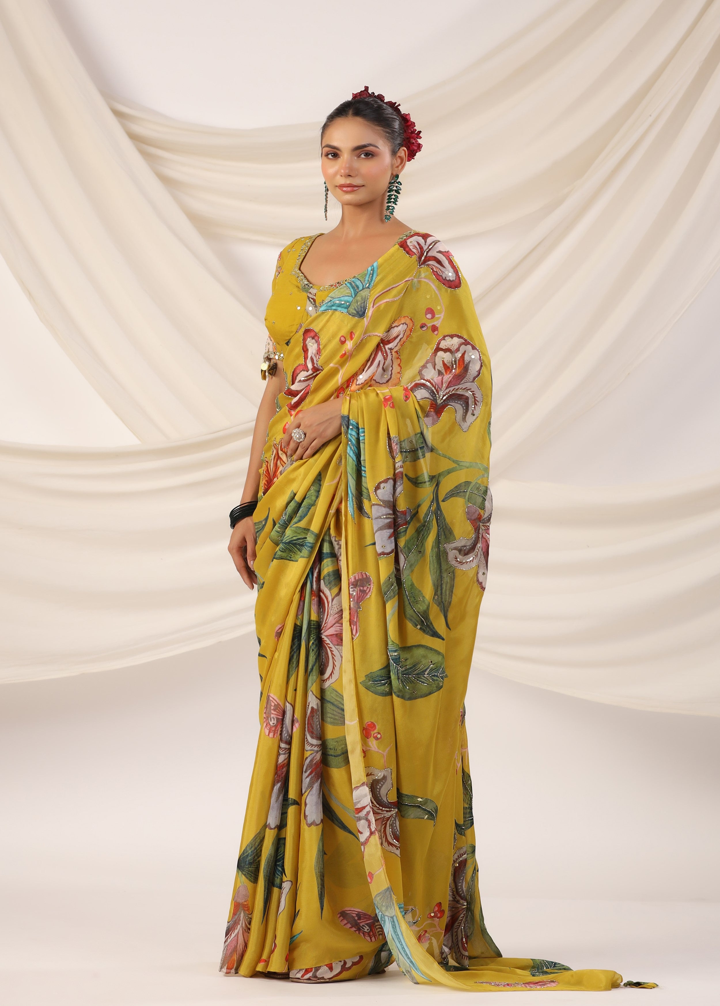 Corn Yellow Embellished Chinon Silk Saree