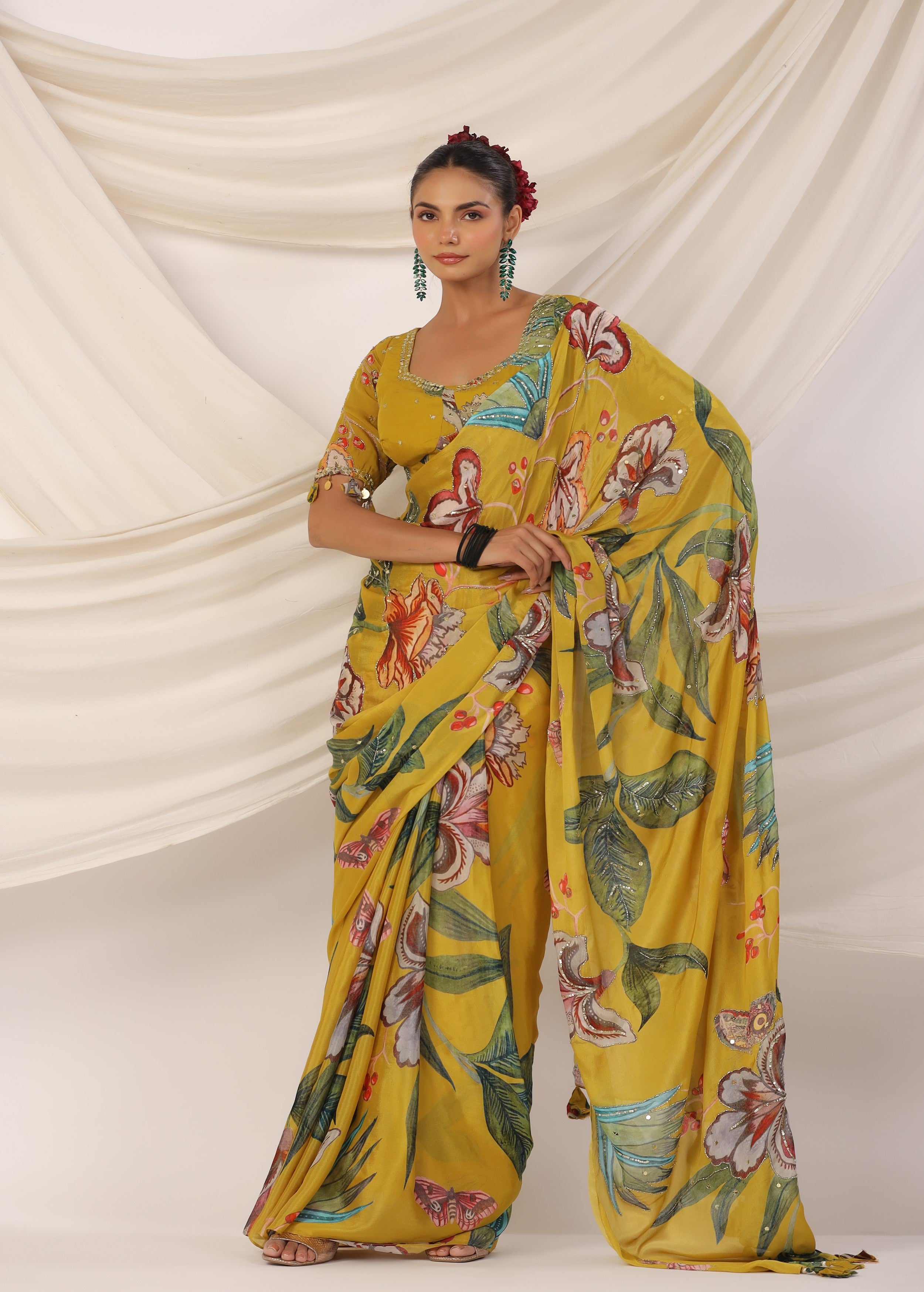 Corn Yellow Embellished Chinon Silk Saree