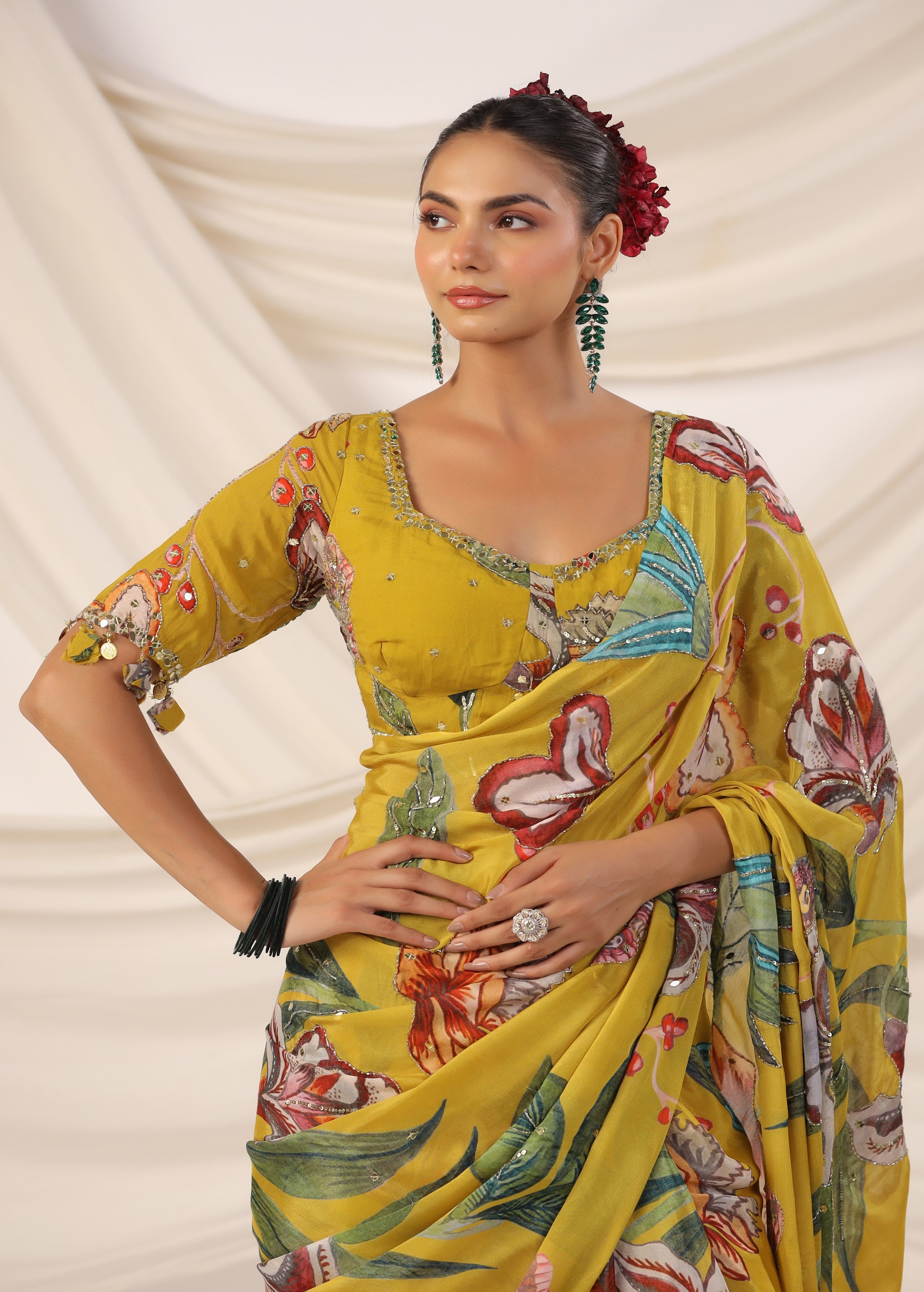Corn Yellow Embellished Chinon Silk Saree