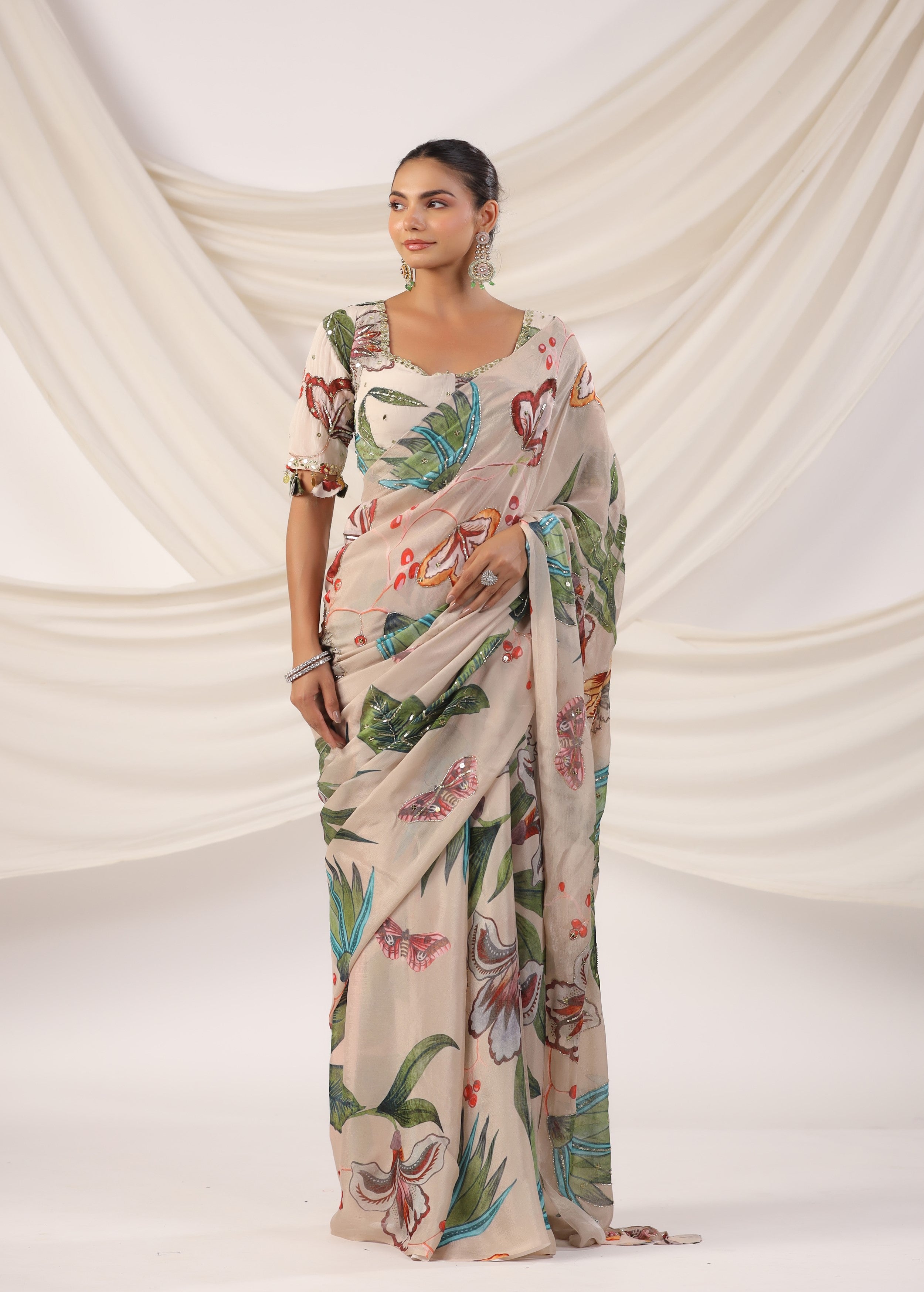 Pearl White Embellished Chinon Silk Saree