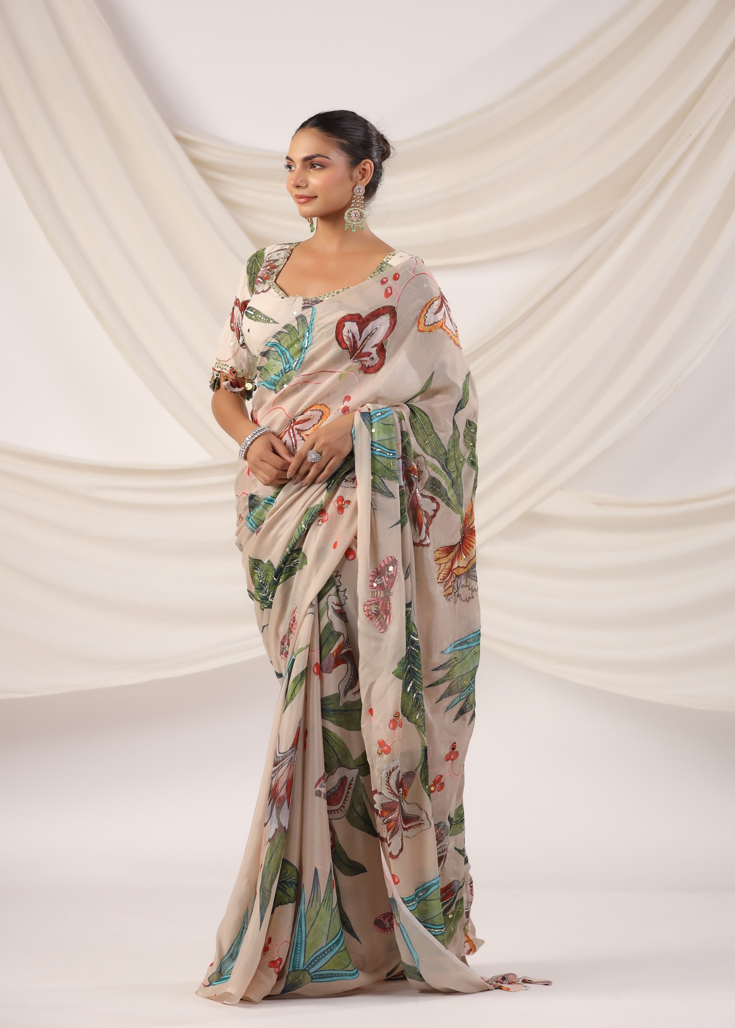 Pearl White Embellished Chinon Silk Saree