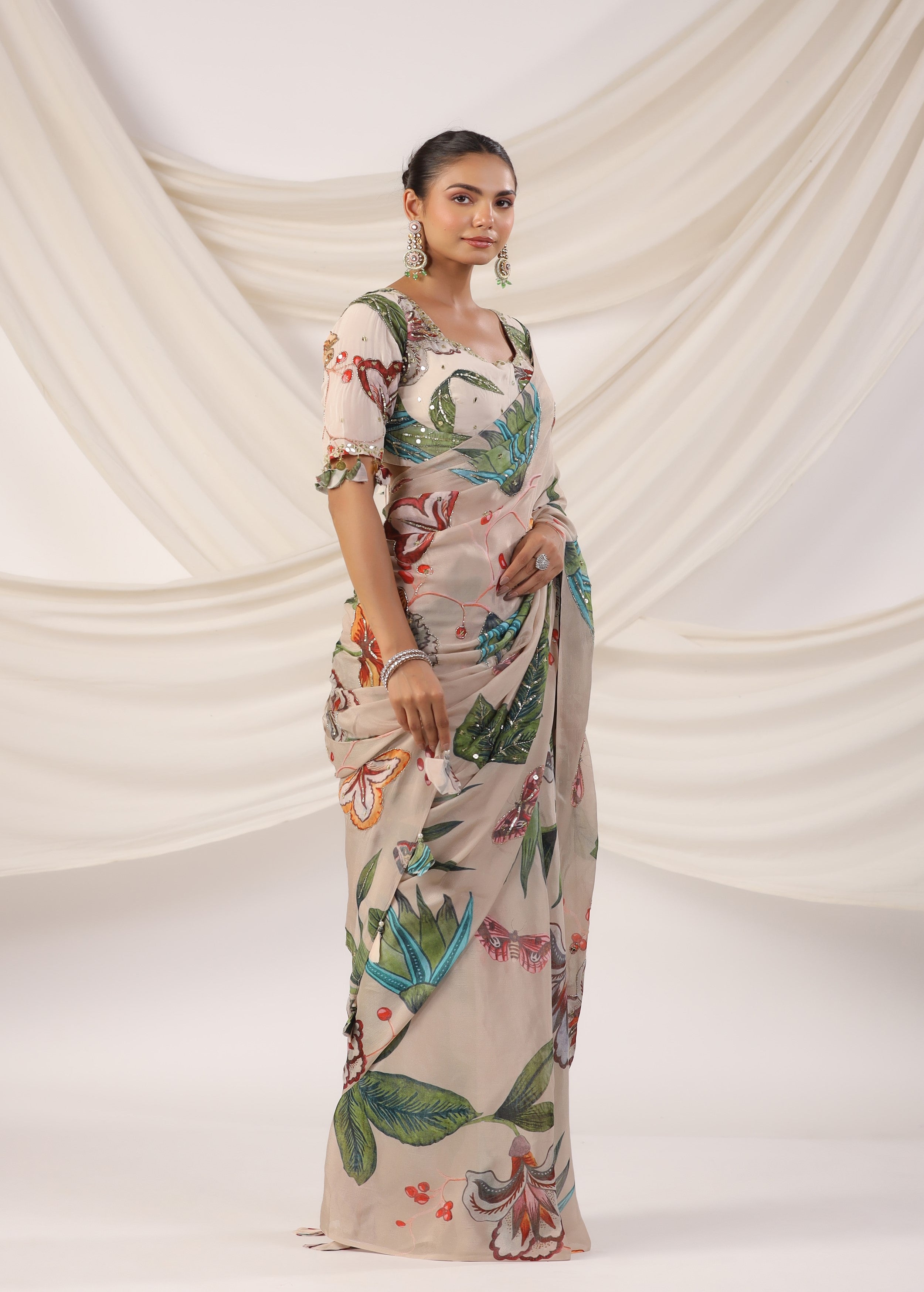 Pearl White Embellished Chinon Silk Saree