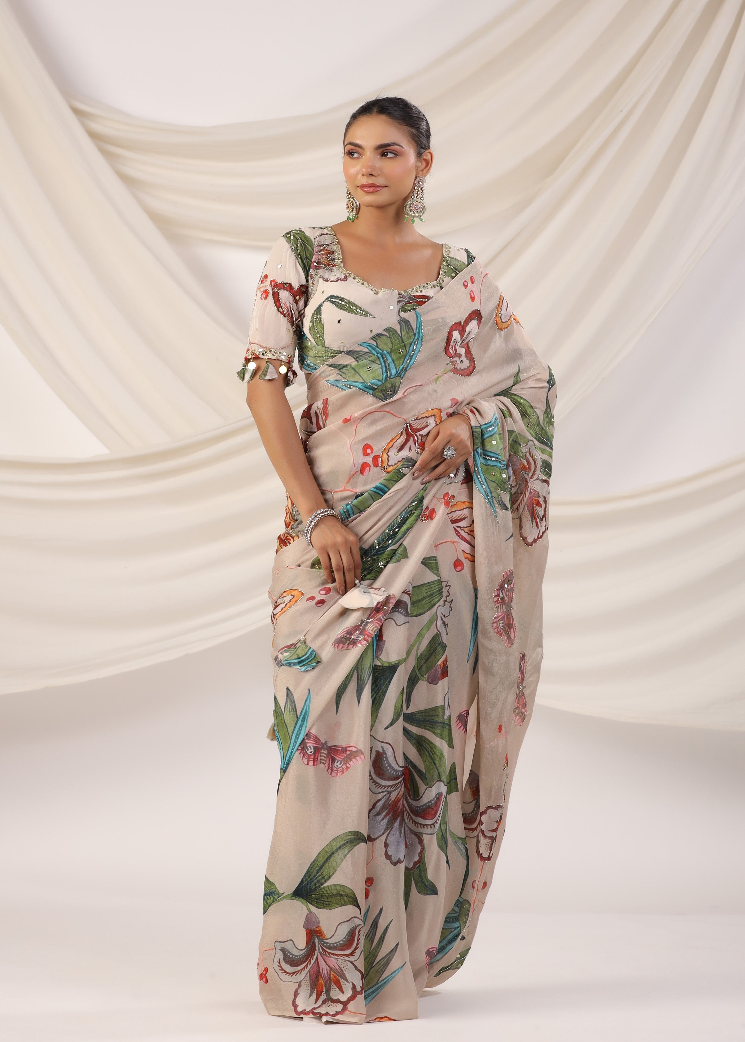 Pearl White Embellished Chinon Silk Saree