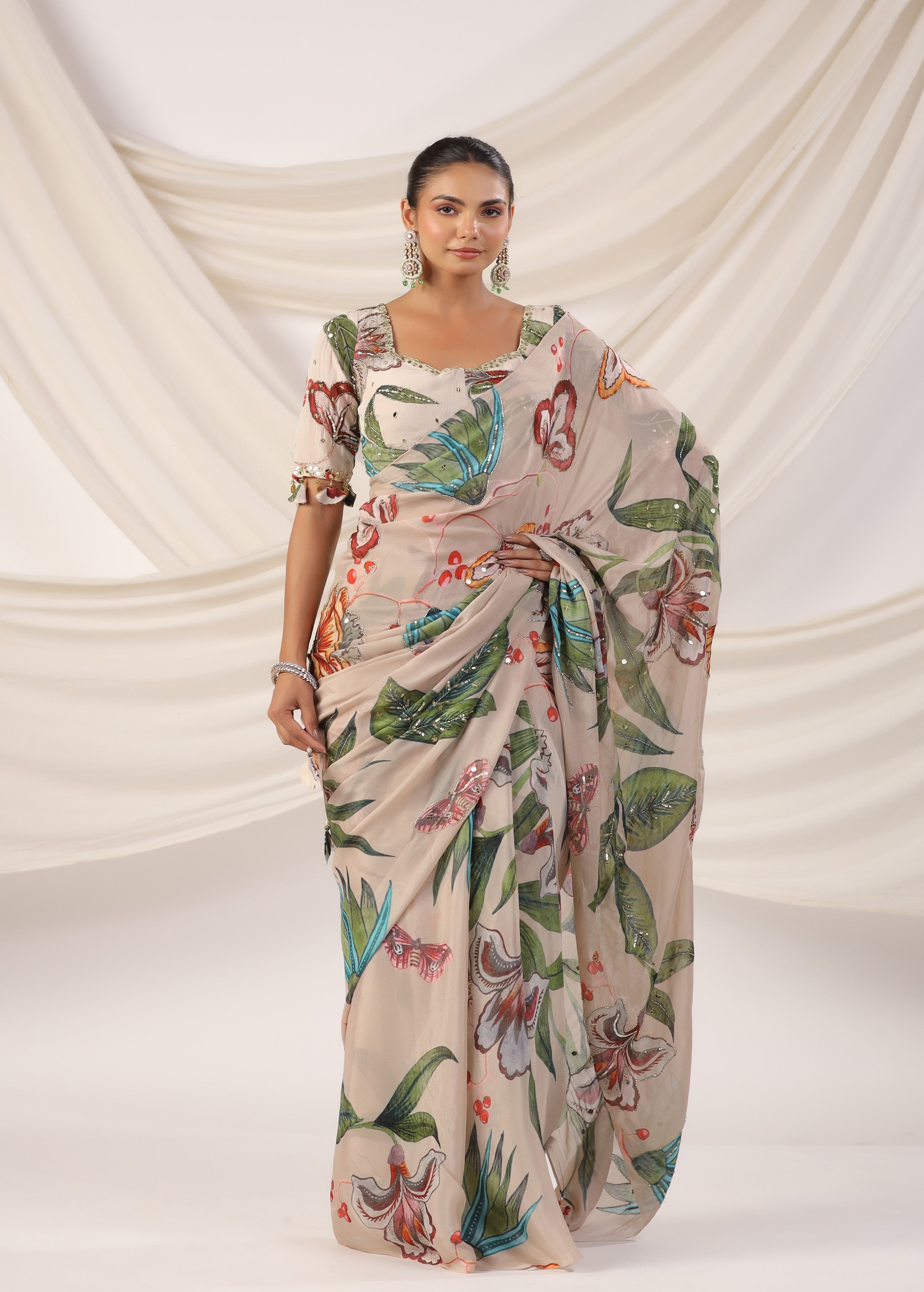 Pearl White Embellished Chinon Silk Saree