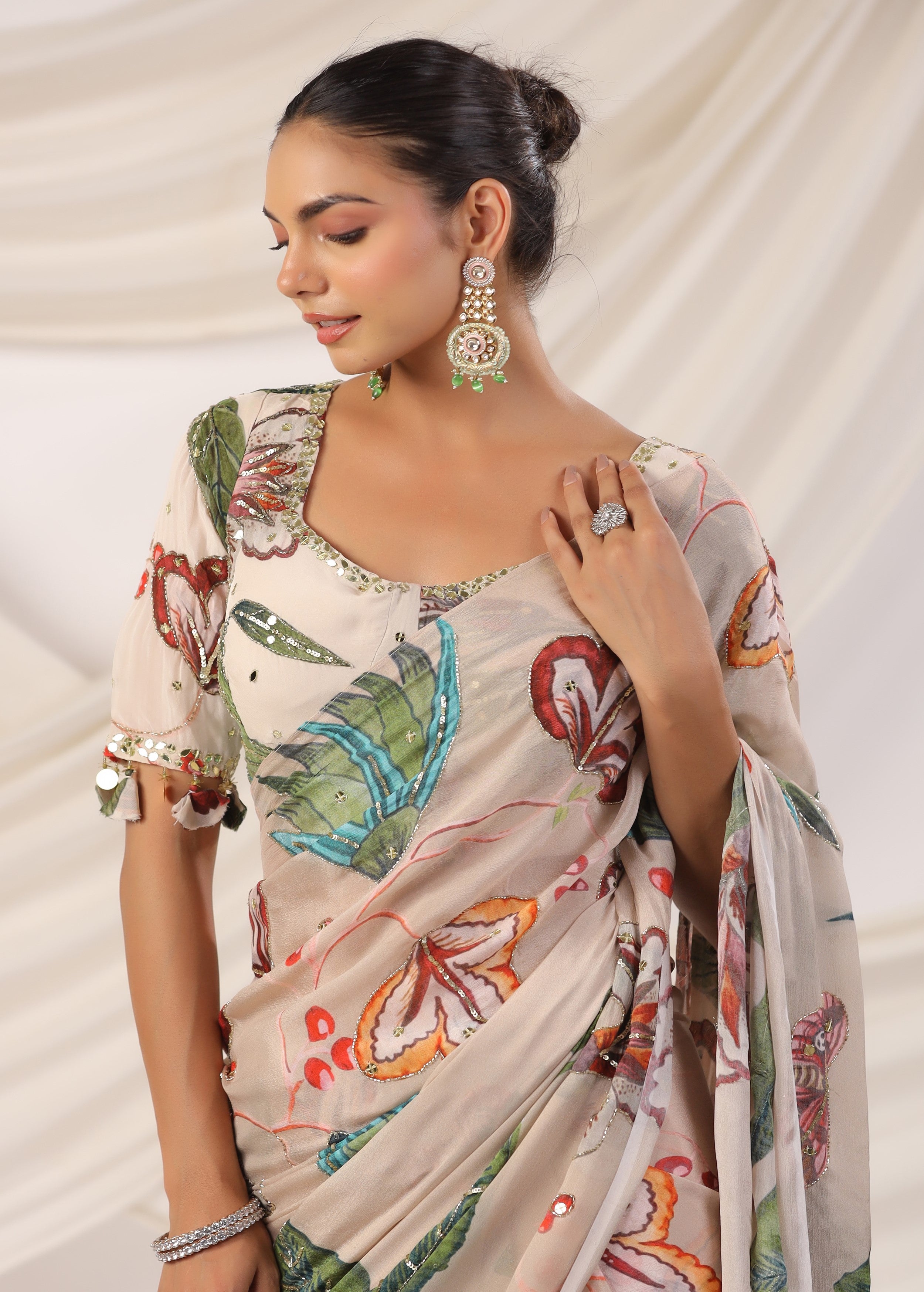Pearl White Embellished Chinon Silk Saree