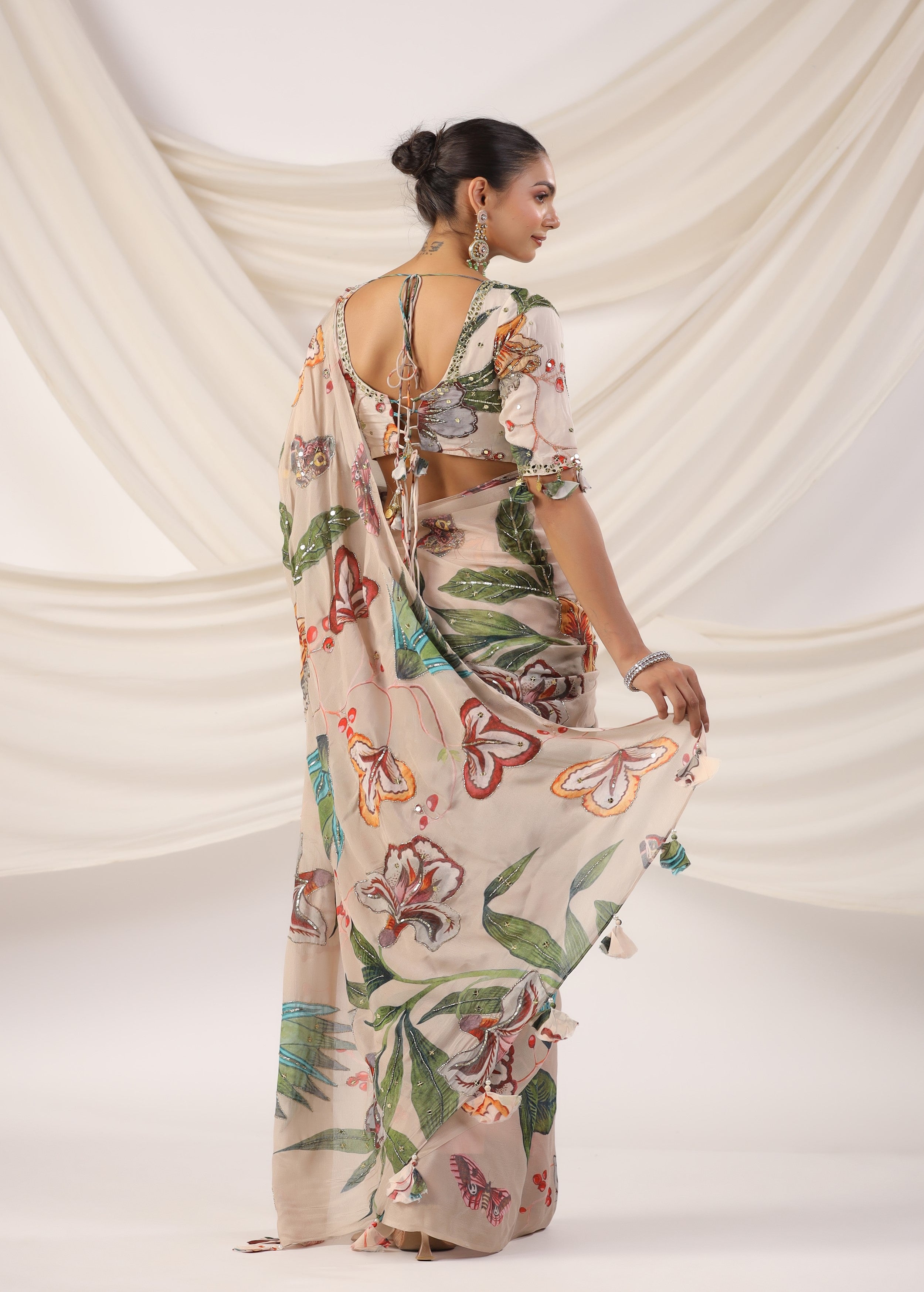 Pearl White Embellished Chinon Silk Saree
