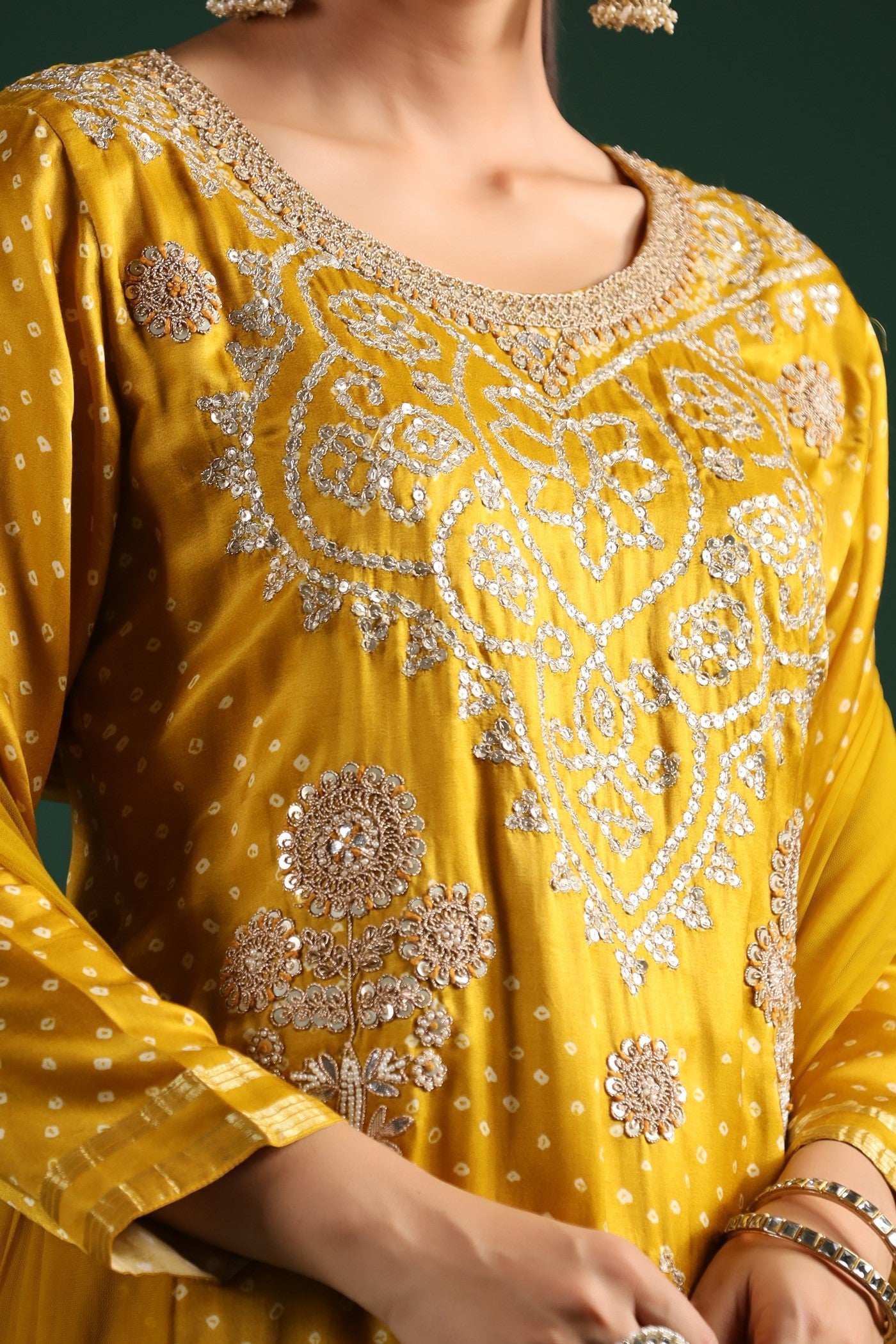 Mustard Bandhej Gajji Silk Kurta Set