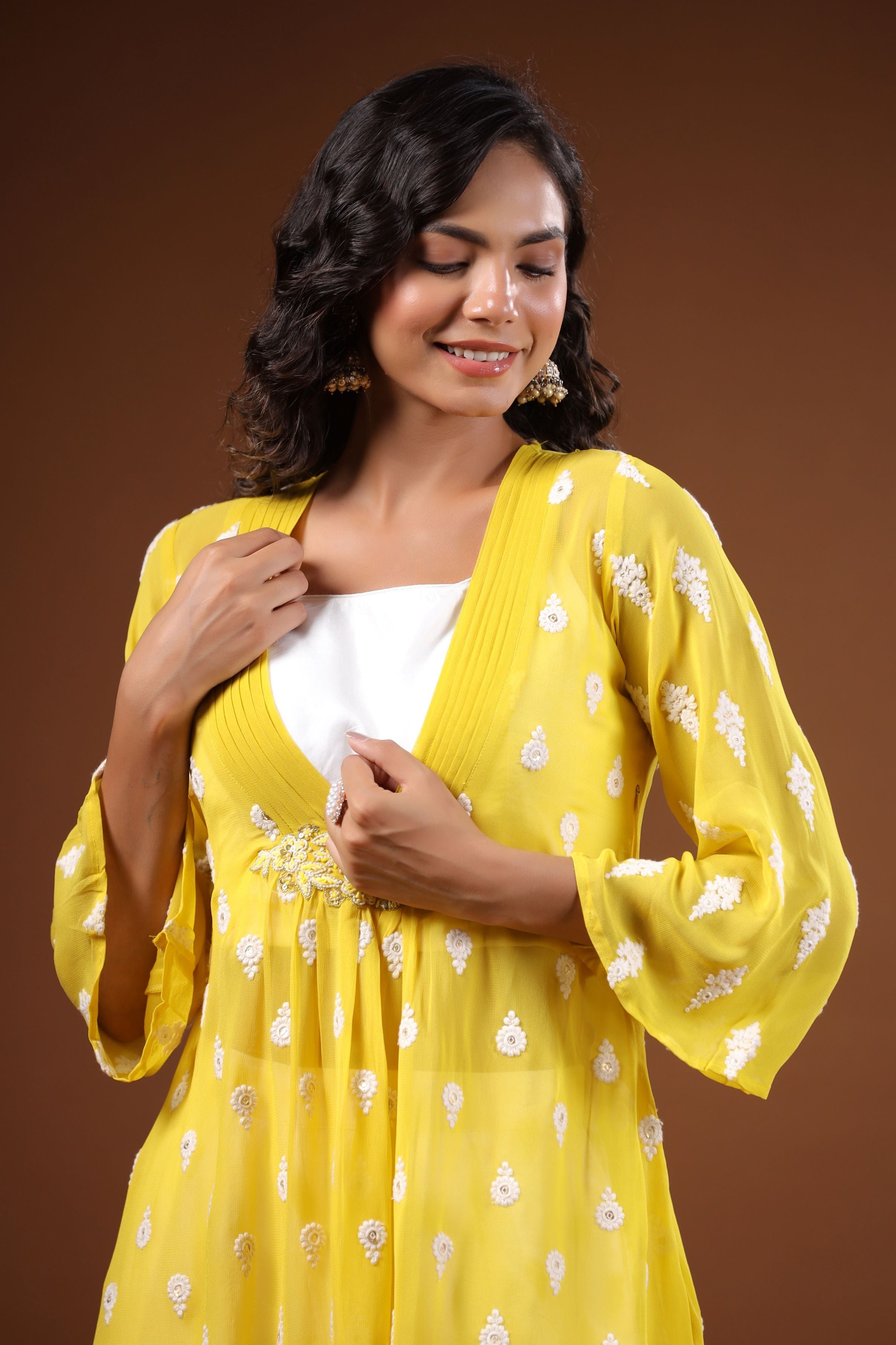 Yellow Embroidered Swiss Georgette Silk Tunic & Palazzo Set