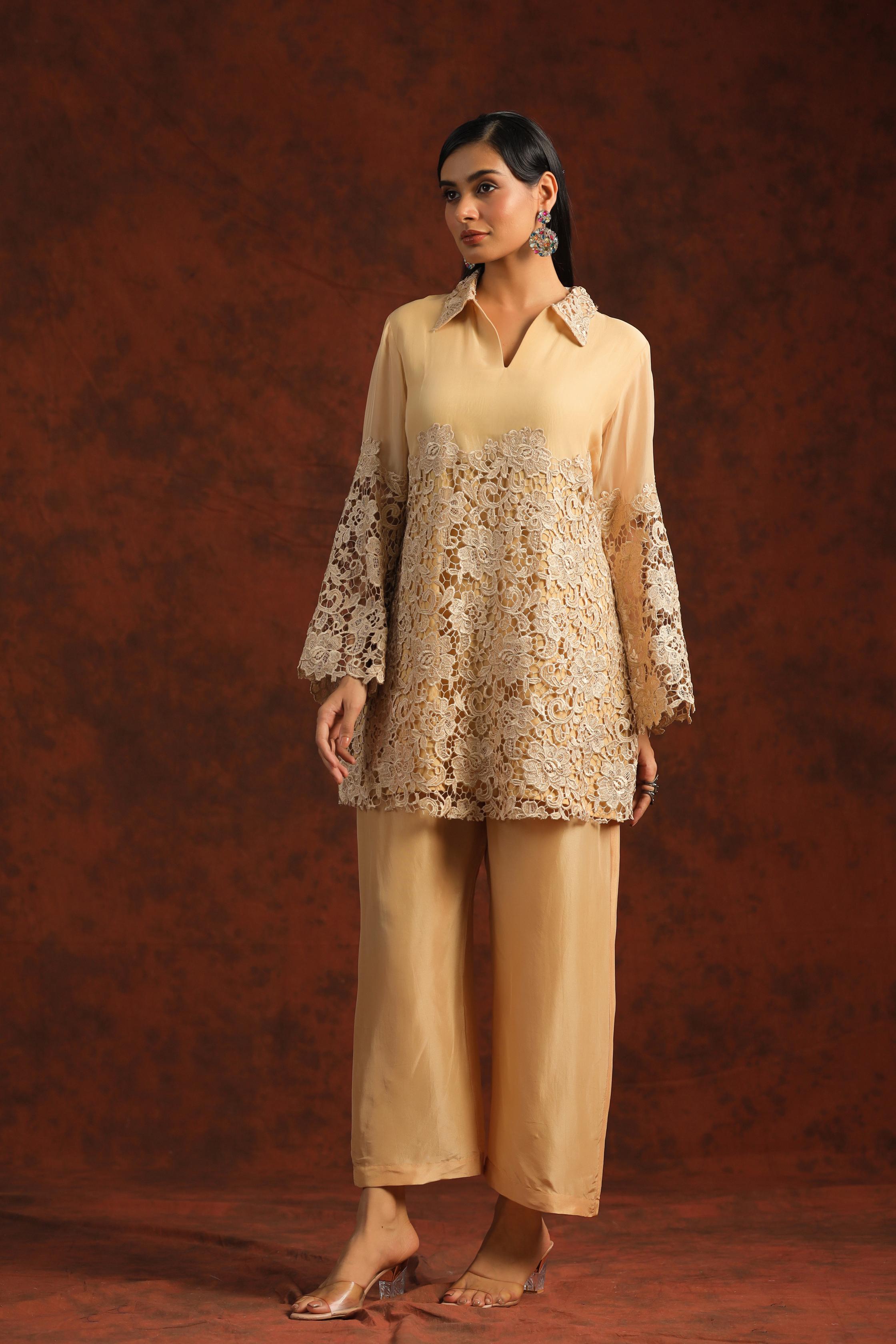 Golden Crochet Embroidered Mulberry Silk Co-Ord Set