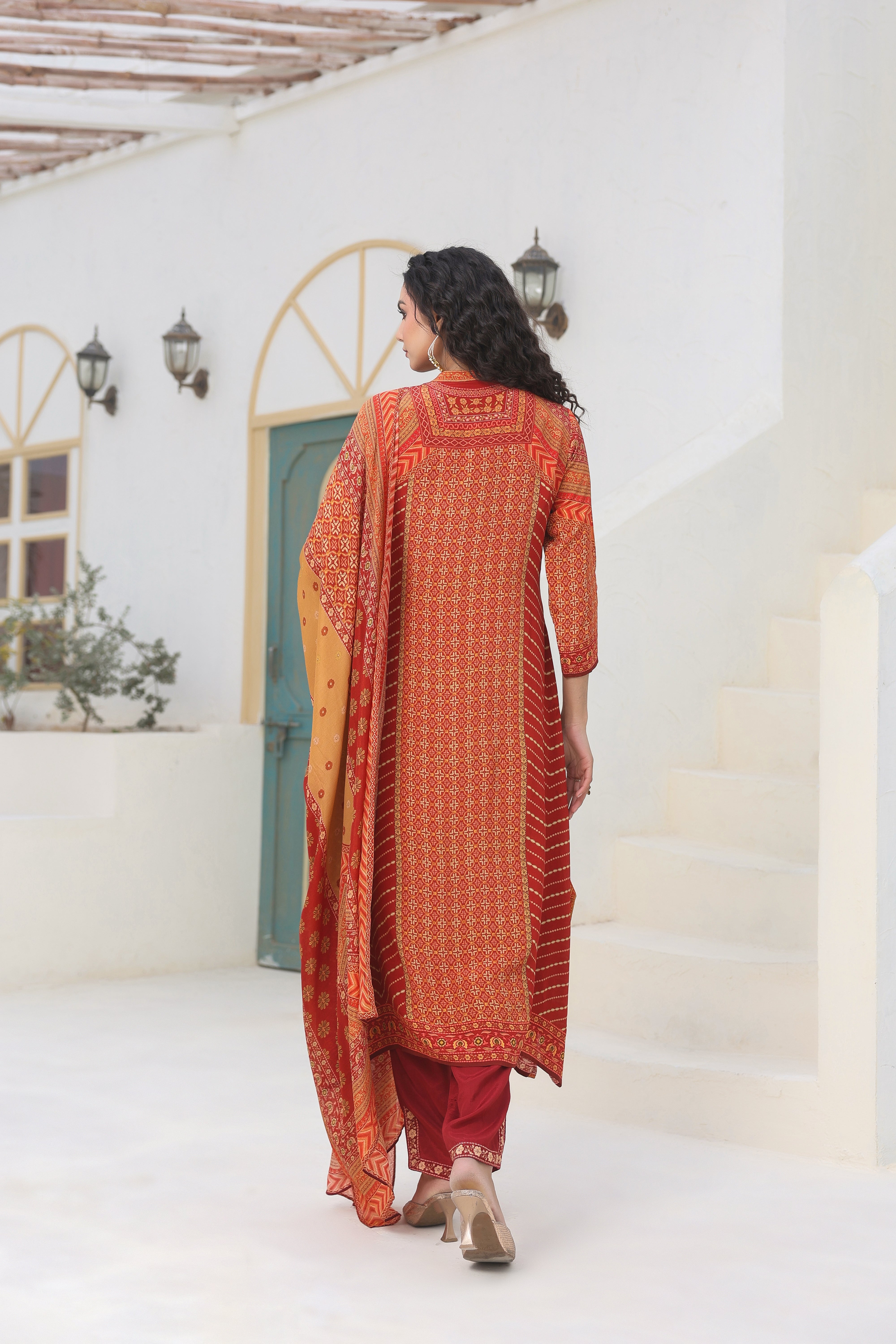 Orange Ethnic Printed Crepe Silk Kurta Pants Set