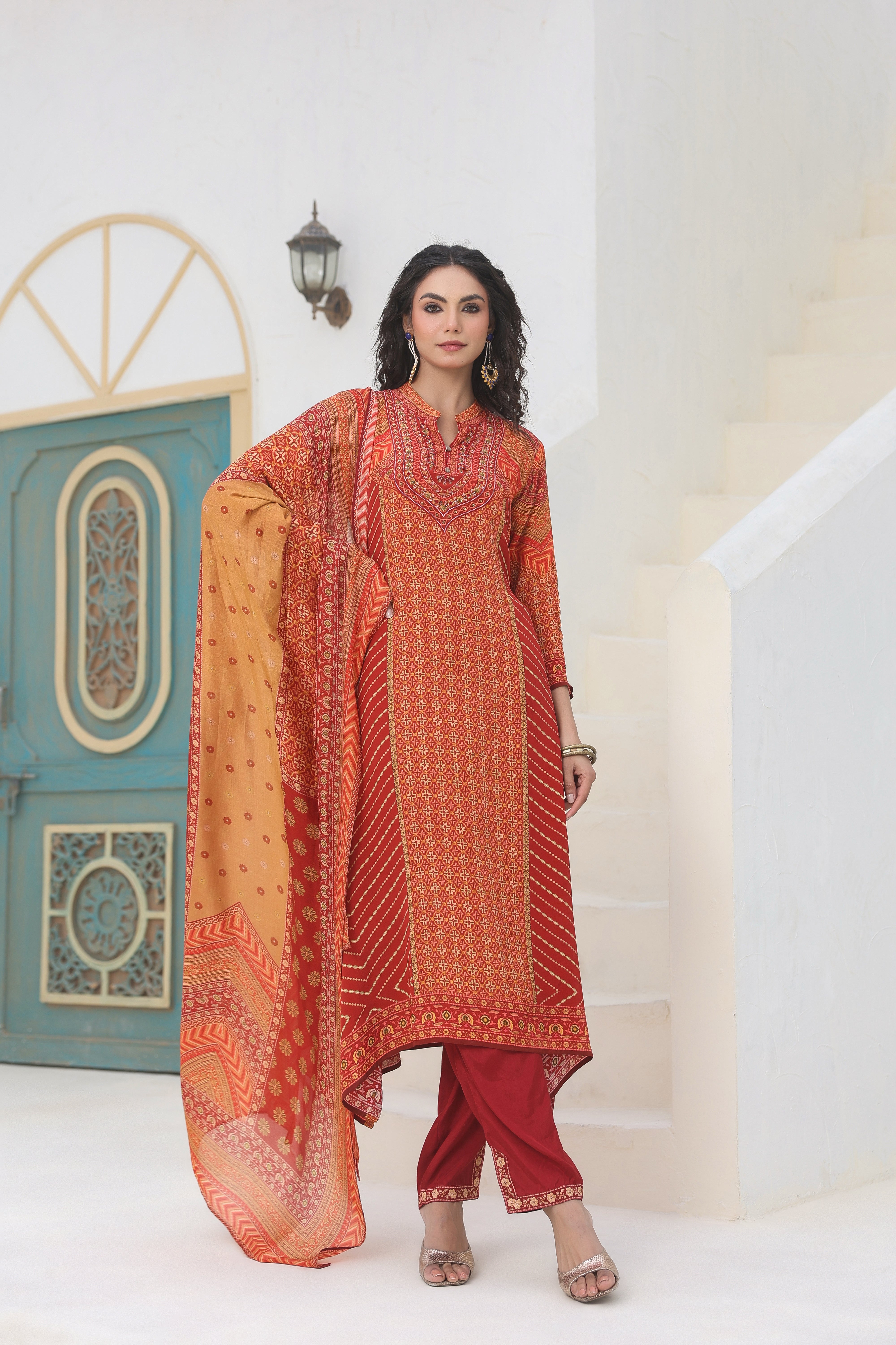 Orange Ethnic Printed Crepe Silk Kurta Pants Set