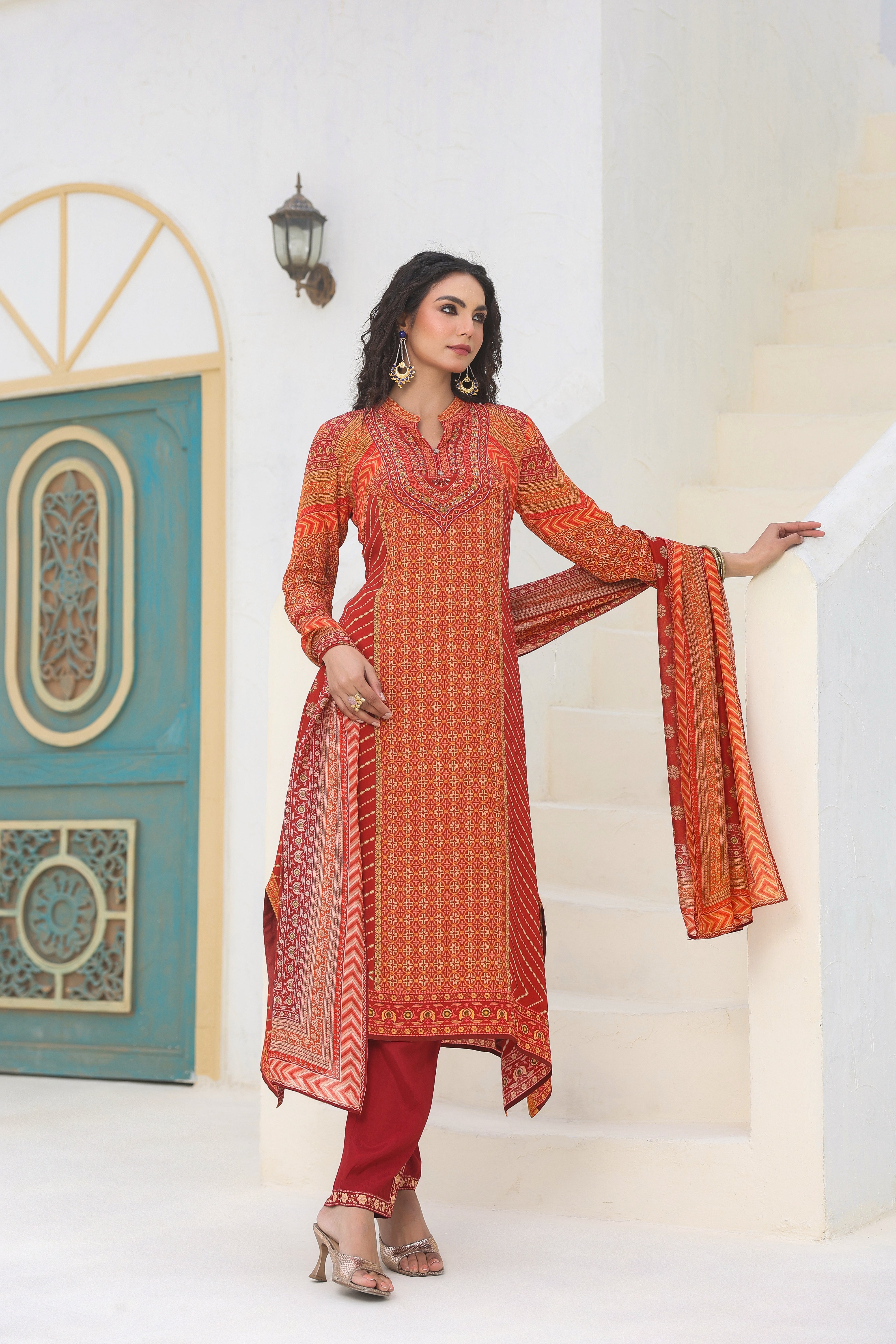 Orange Ethnic Printed Crepe Silk Kurta Pants Set