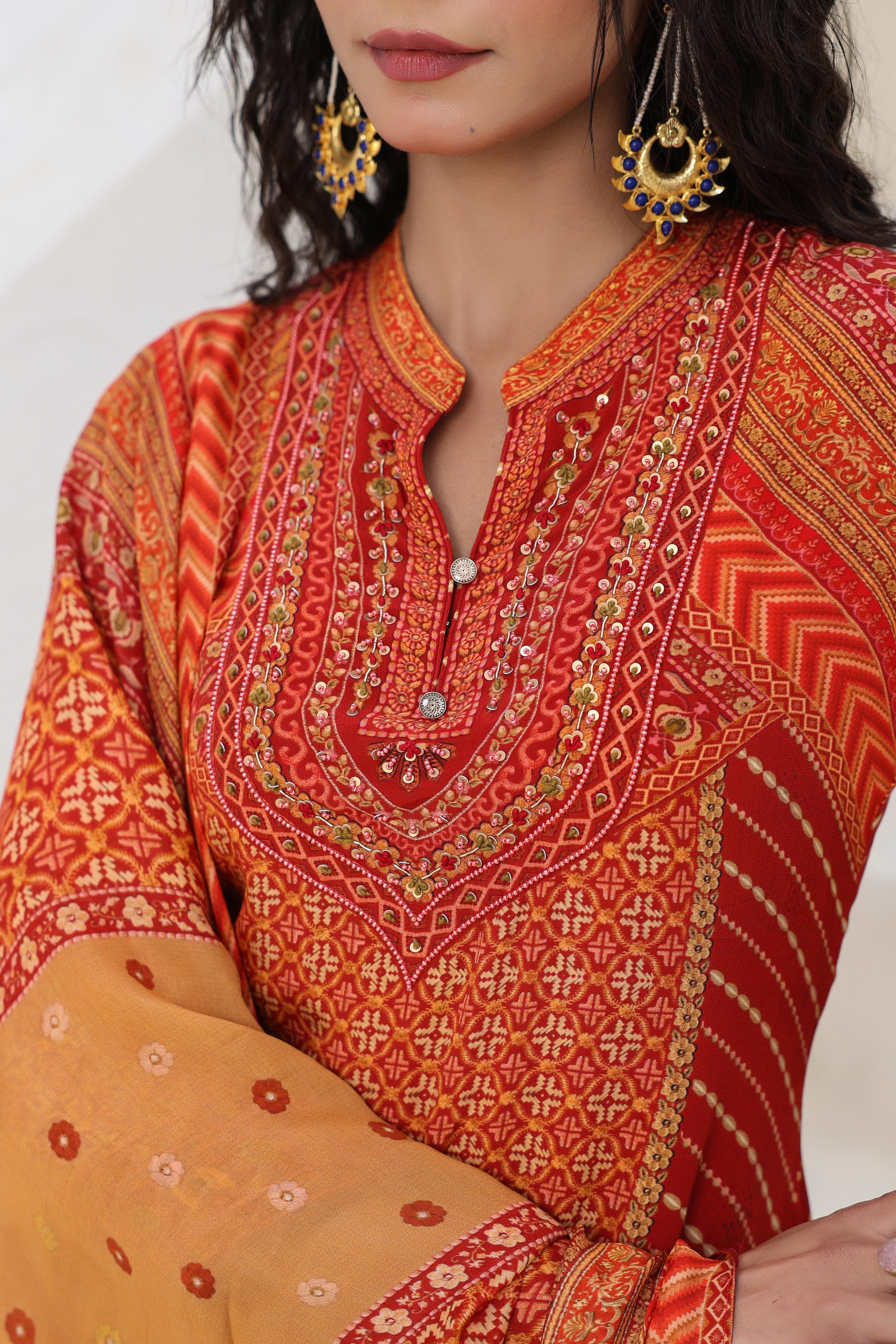 Orange Ethnic Printed Crepe Silk Kurta Pants Set