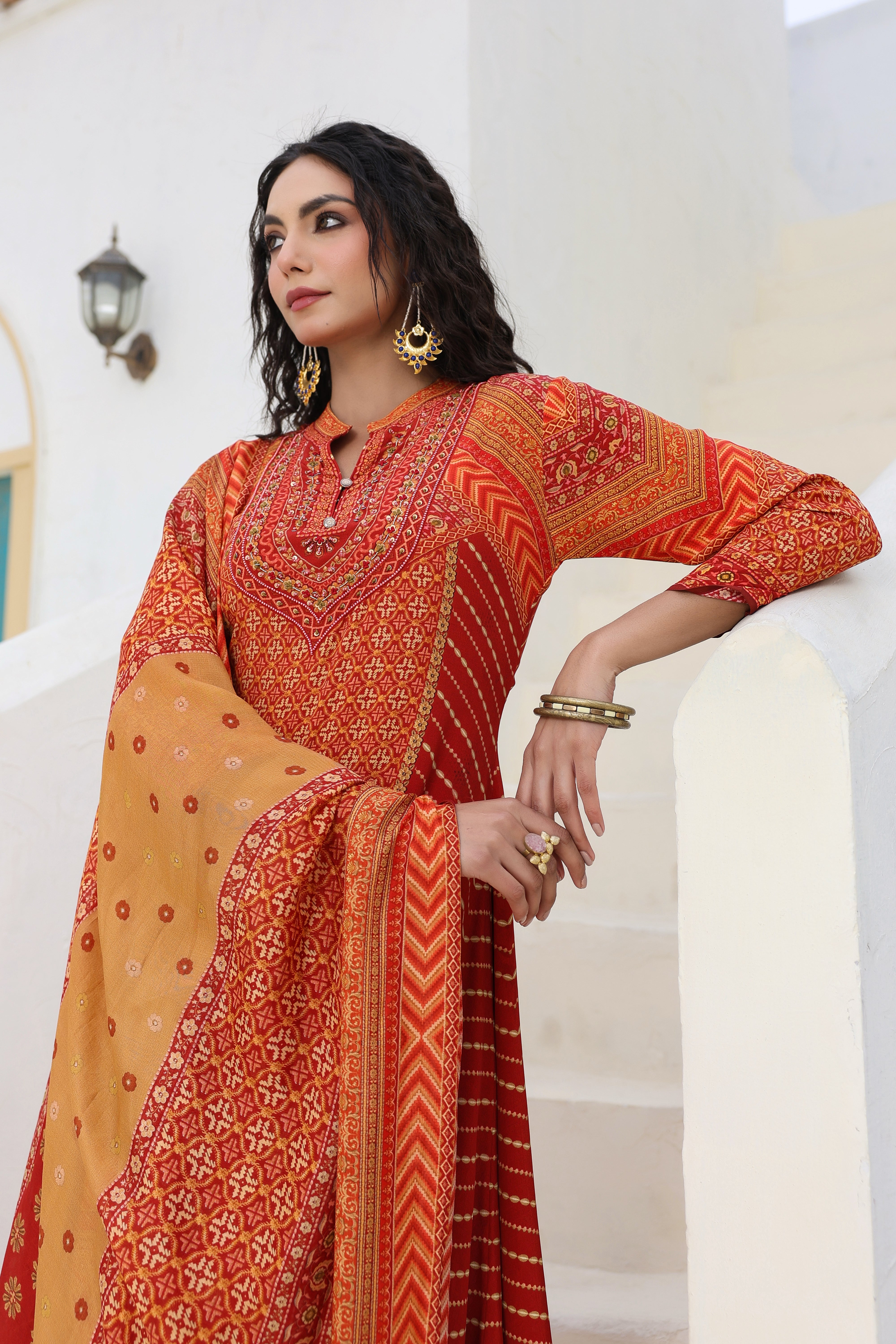 Orange Ethnic Printed Crepe Silk Kurta Pants Set