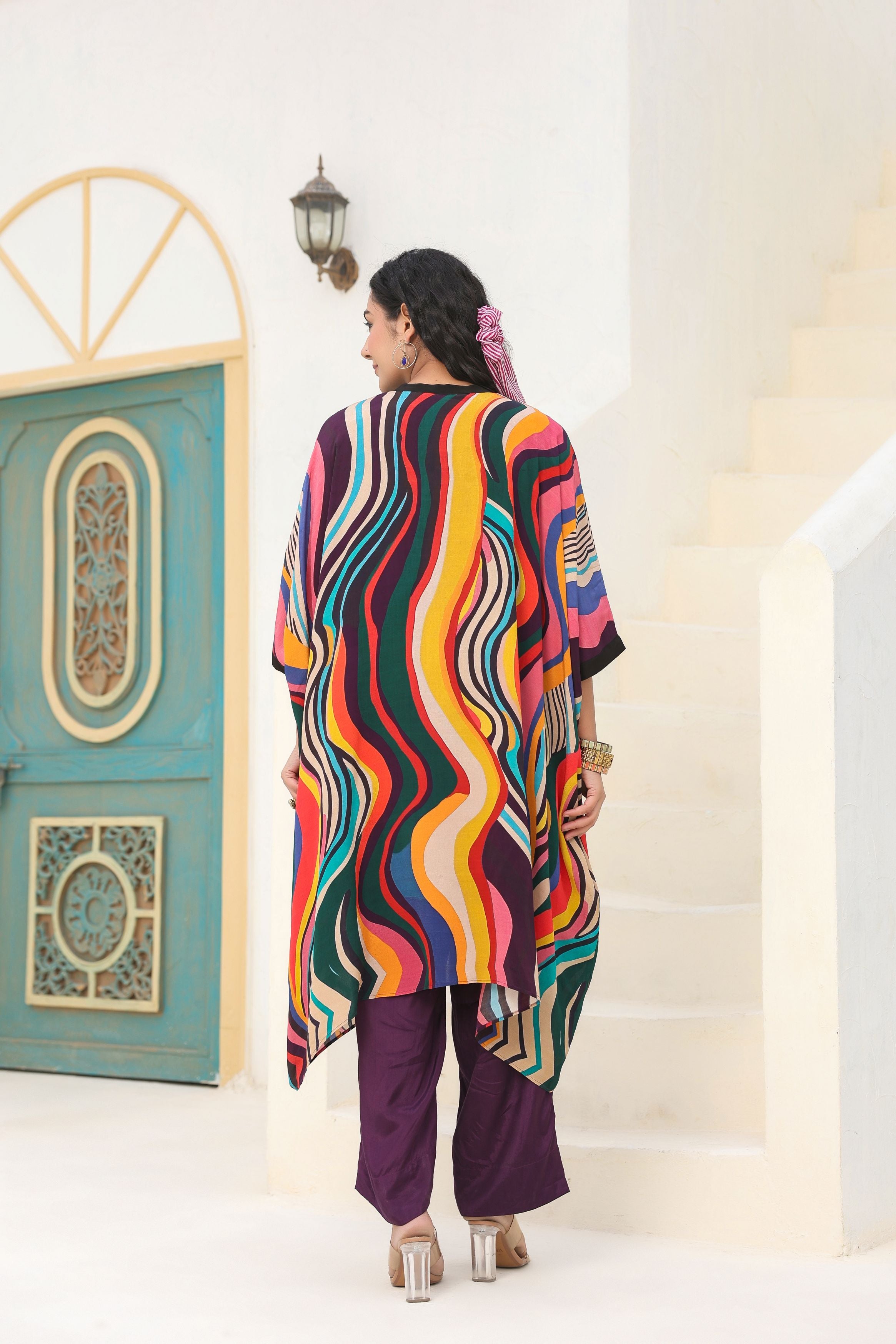 Multi Color Printed Crepe Silk Kaftan Set