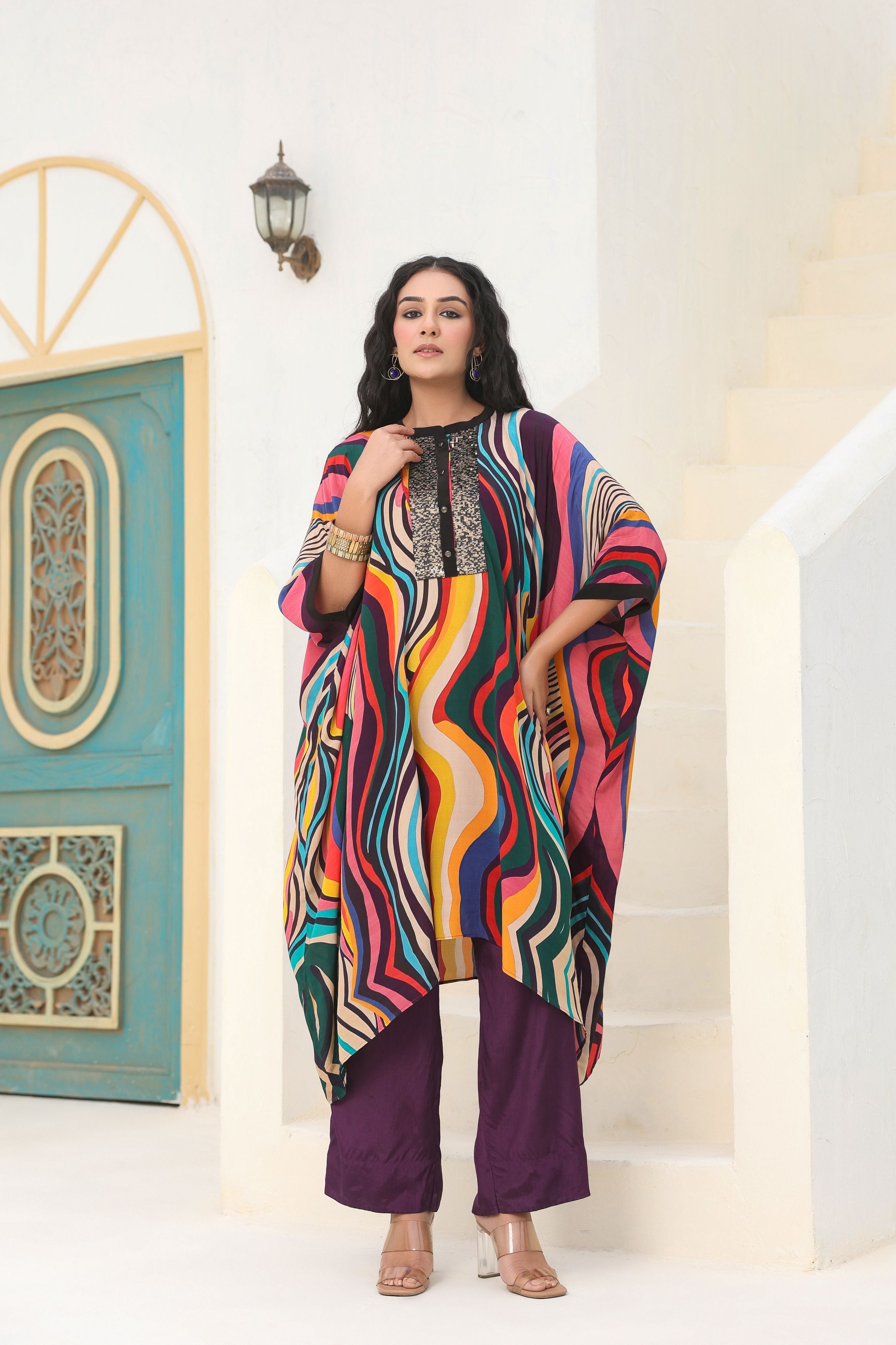 Multi Color Printed Crepe Silk Kaftan Set