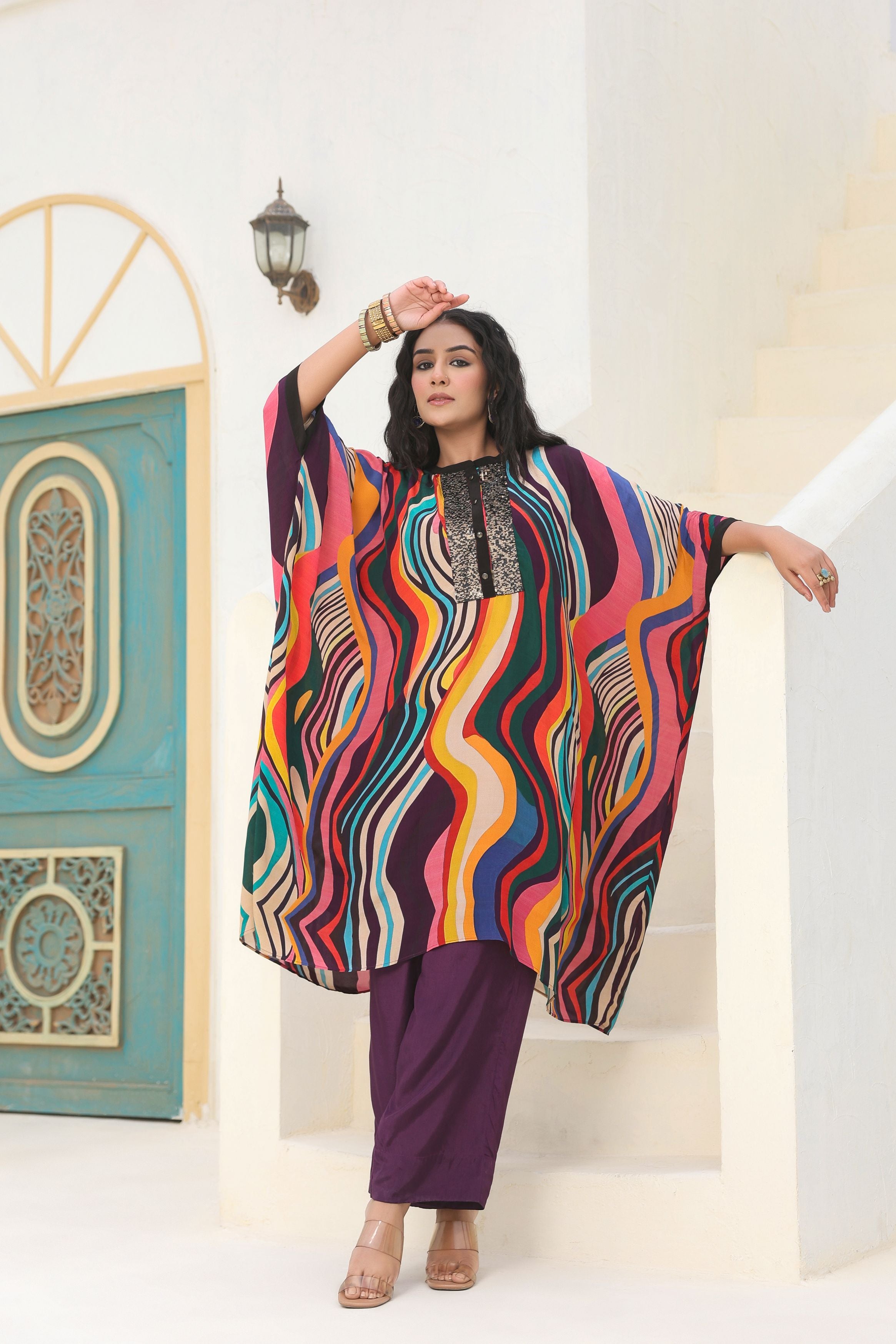 Multi Color Printed Crepe Silk Kaftan Set