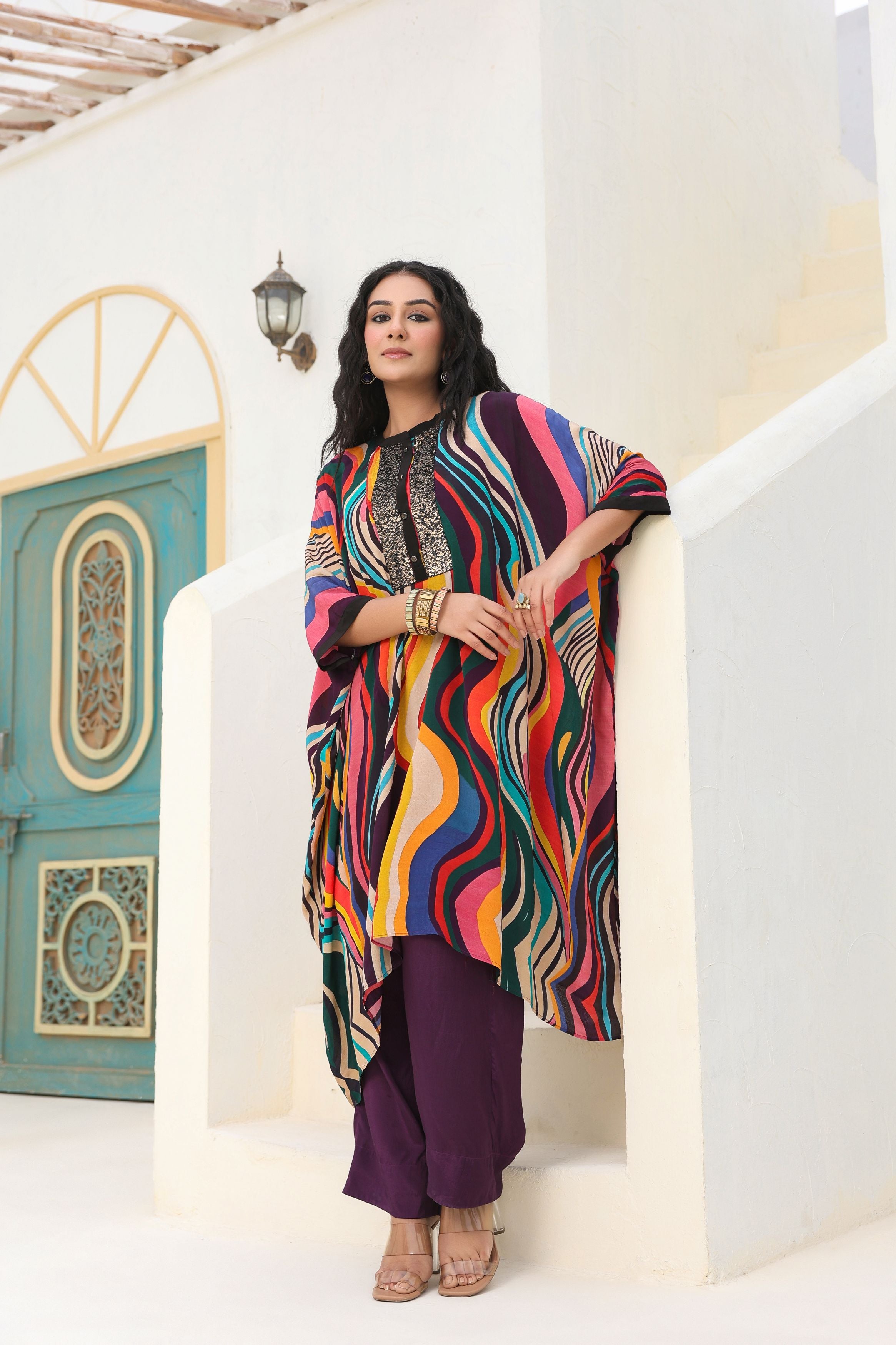 Multi Color Printed Crepe Silk Kaftan Set